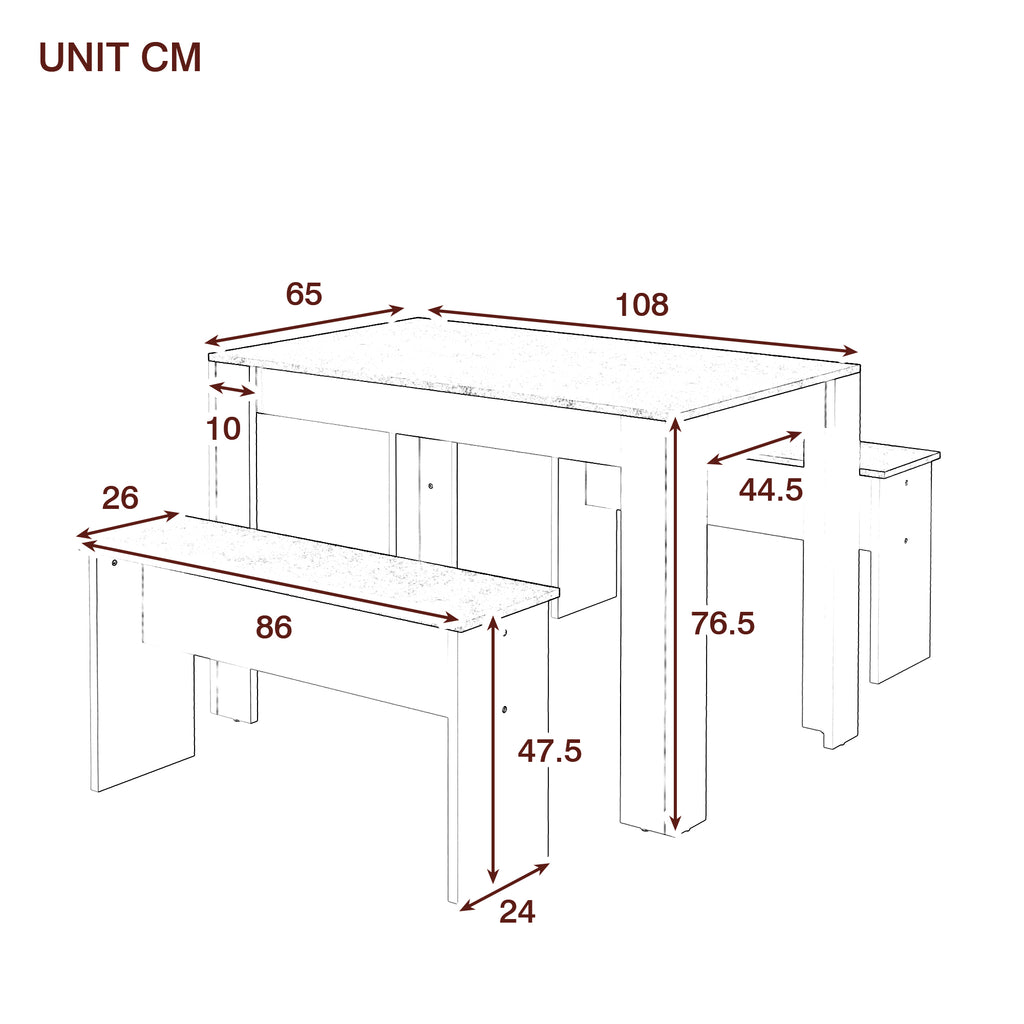 Dining Table With 2 Benches Dining Table Set For Kitchen, Dining Room, Small Space Artificial Marble Grey And White