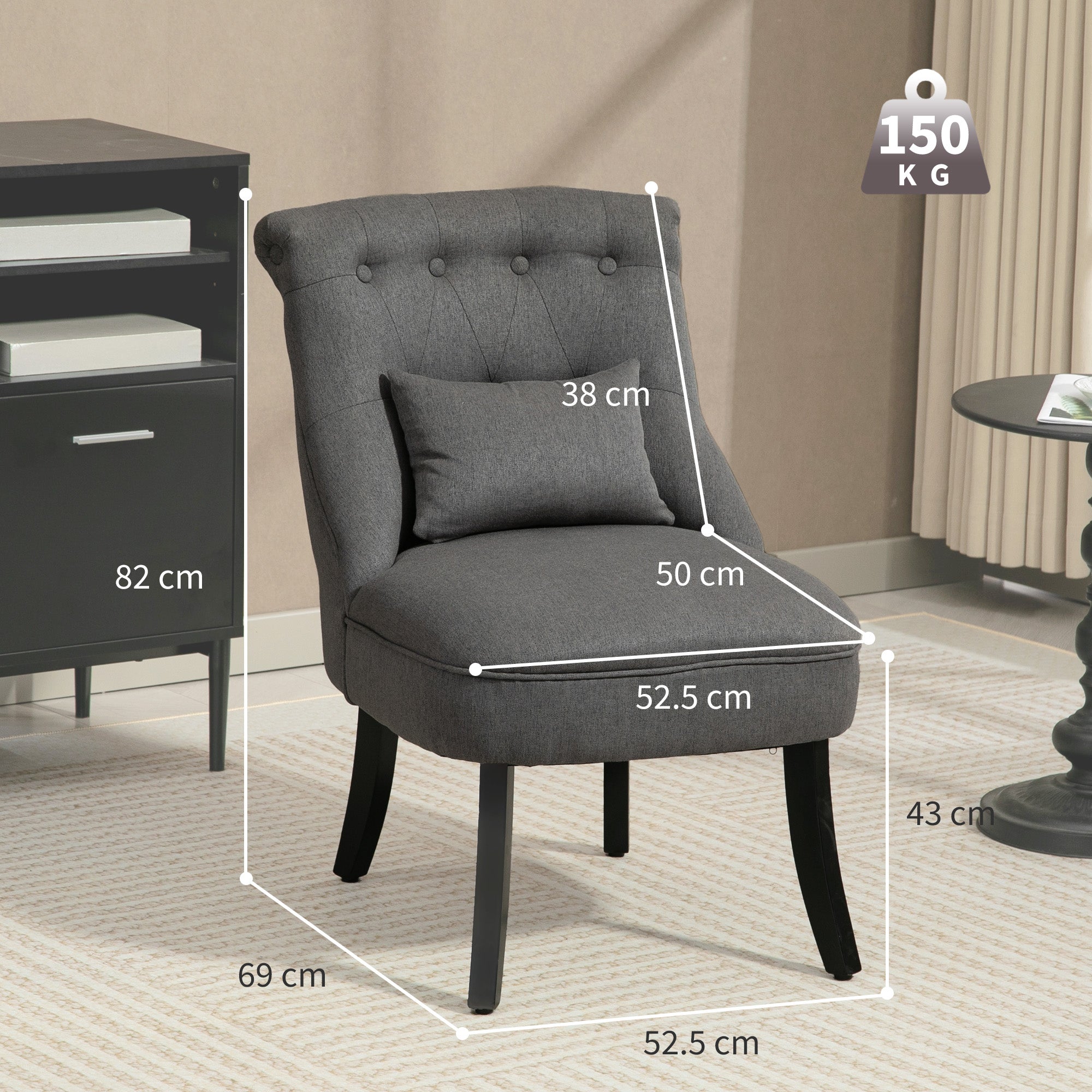 Fabric Single Sofa Dining Chair Tub Chair Upholstered W/ Pillow Solid Wood Leg Home Living Room Furniture Charcoal Grey