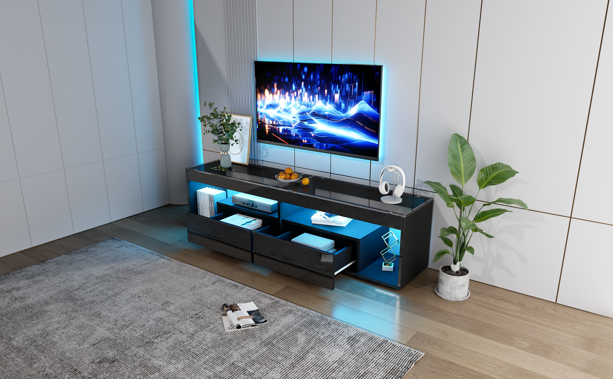 High Gloss TV Stand With 2 Drawers,glass Tabletop,TV Cabinet Storage Sideboard With LED Lights For Livingroom Bedroom,TV Entertainment Center With Open Storage, 180X40X46cm, Black, Holds TVs Up To 80