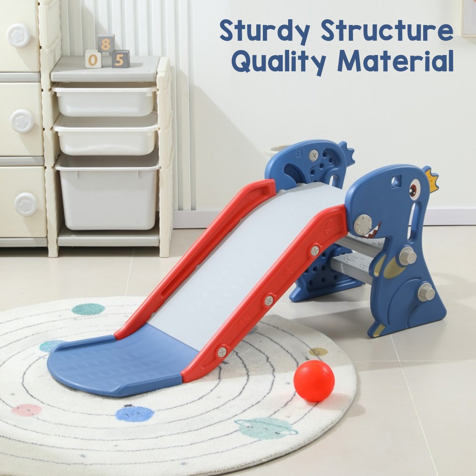 Toddler Indoor Slide For 0 To 3 Years Old  Foldable Slide With Basketball Hoop