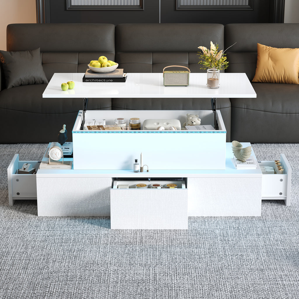 Lift-Top Coffee Table, Highgloss Centre Table With 4 Drawers & LED Lights, Lifting Sofa Side Table, Space-saving End Table,Tea Table,for Livingroom, Office,100x50x40cm, White