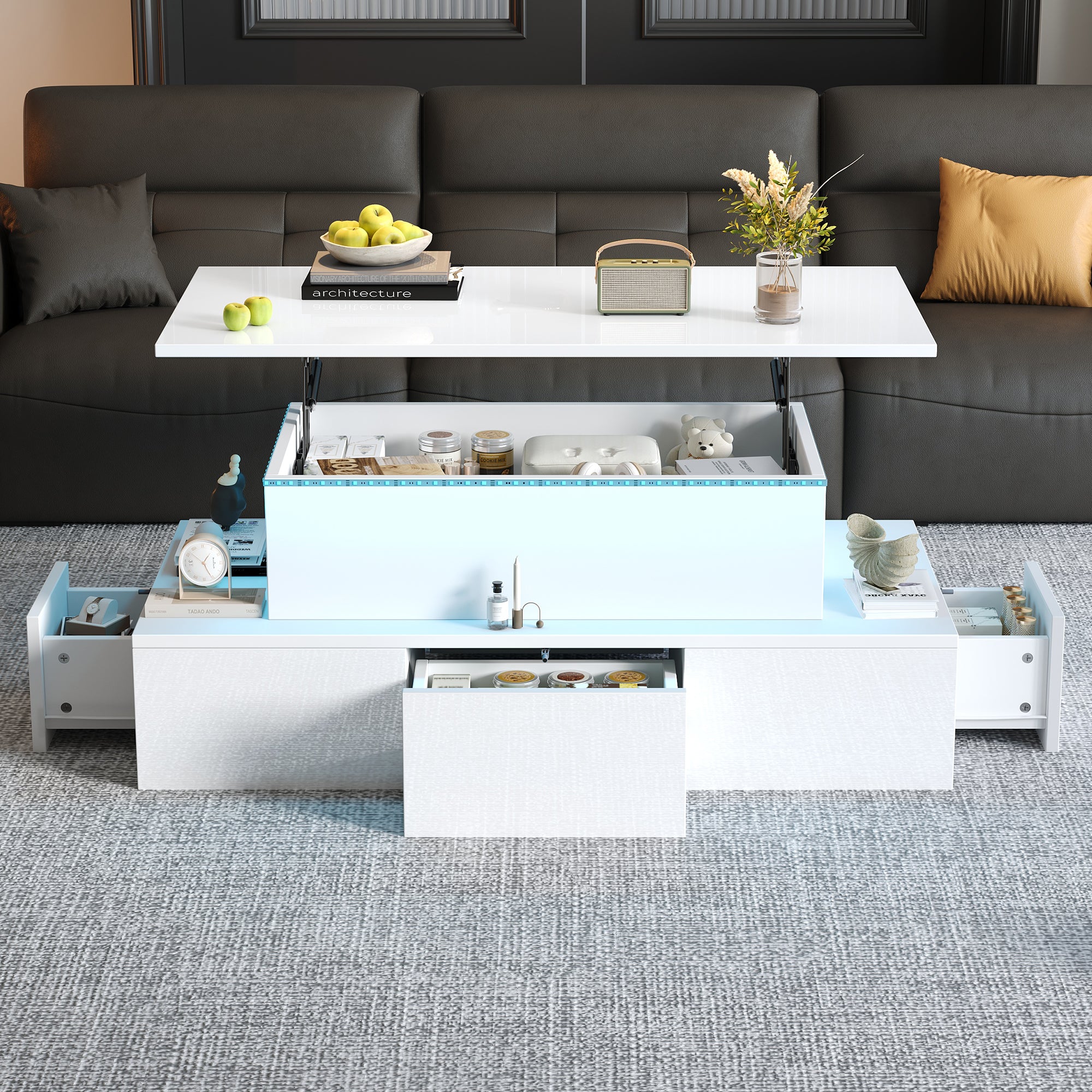 Lift-Top Coffee Table, Highgloss Centre Table With 4 Drawers & LED Lights, Lifting Sofa Side Table, Space-saving End Table,Tea Table,for Livingroom, Office,100x50x40cm, White