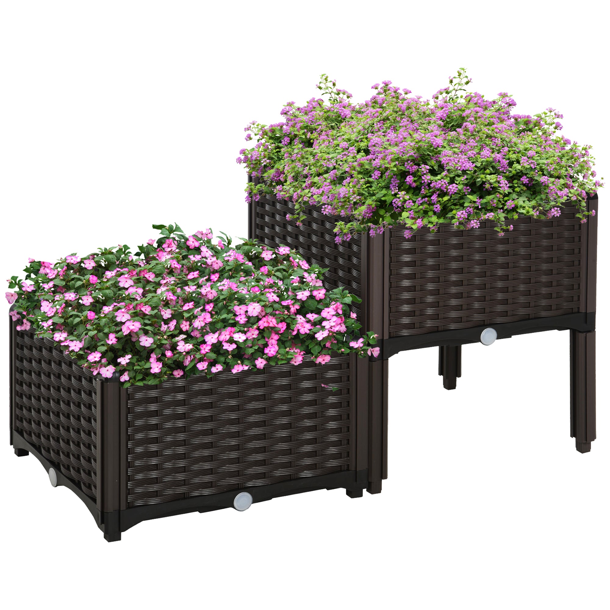 Set Of 2 26L Garden Raised Bed Elevated Patio Flower Plant Planter Box PP Vegetables Planting Container, Brown