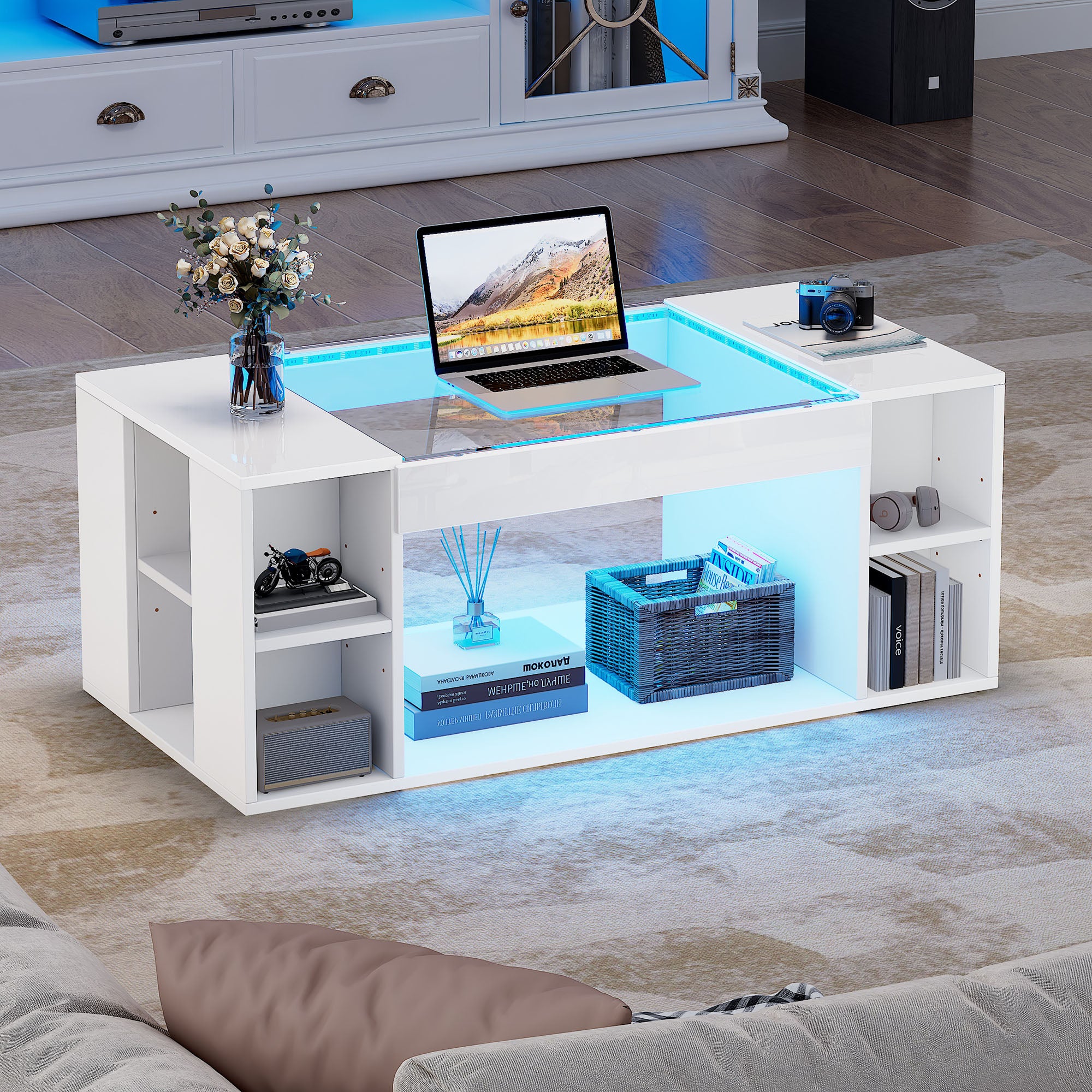 High Gloss Coffee Table With Open Storage, LED Lights, Centre Table With Glass Tabletop, Sofa Side Table, Coffee End Table For Living Room, Office, 100x50x40cm, White, MDF