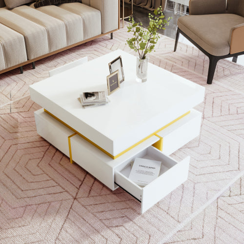 Coffee Table, High-Gloss Living Room Table, Side Table With Drawers And Gold Accents