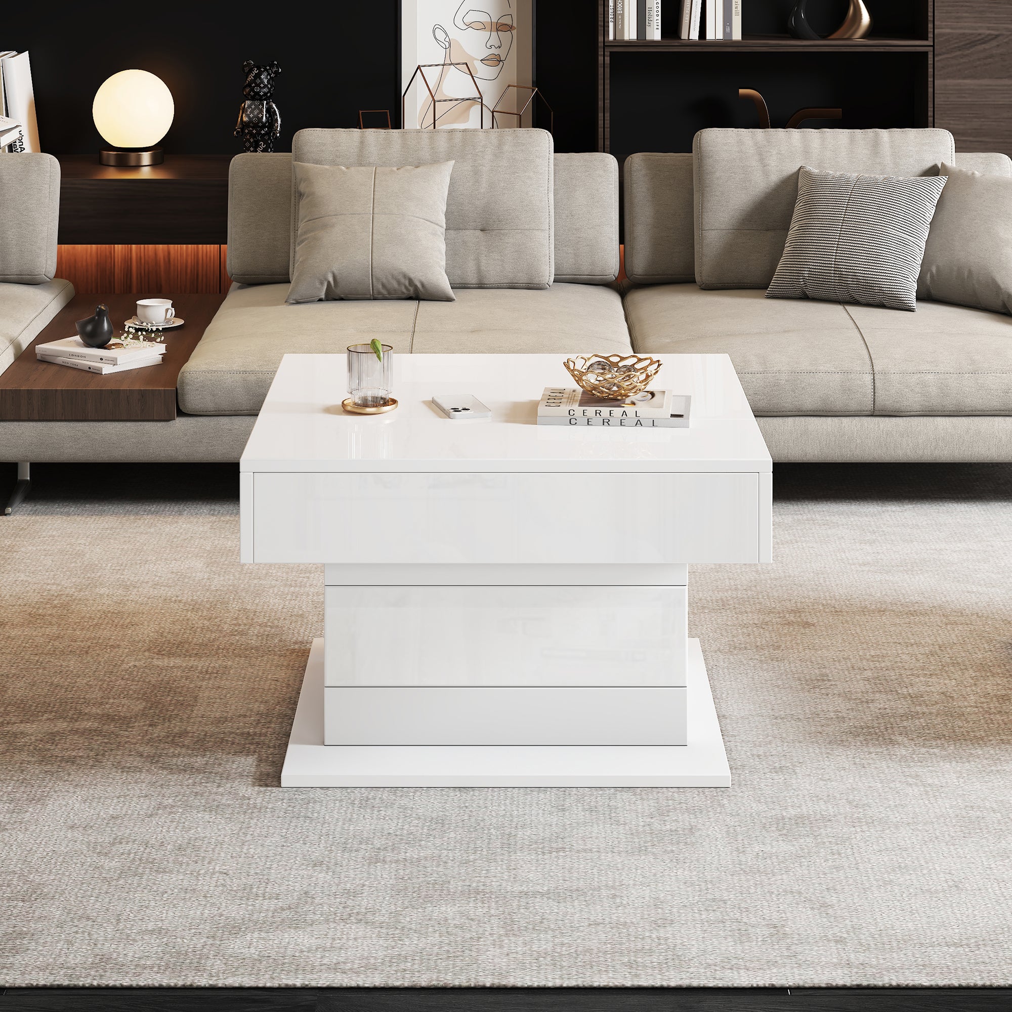 360 Rotating Coffee Table, Highgloss Lift-Top Centre Table With 1 Drawers, Rotating Lifting Sofa Side Table, Space-saving End Table,Tea Table,70x70x45cm, White