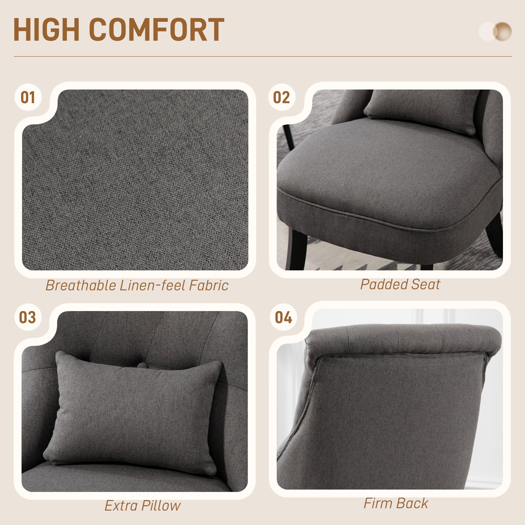 Fabric Single Sofa Dining Chair Tub Chair Upholstered W/ Pillow Solid Wood Leg Home Living Room Furniture Charcoal Grey