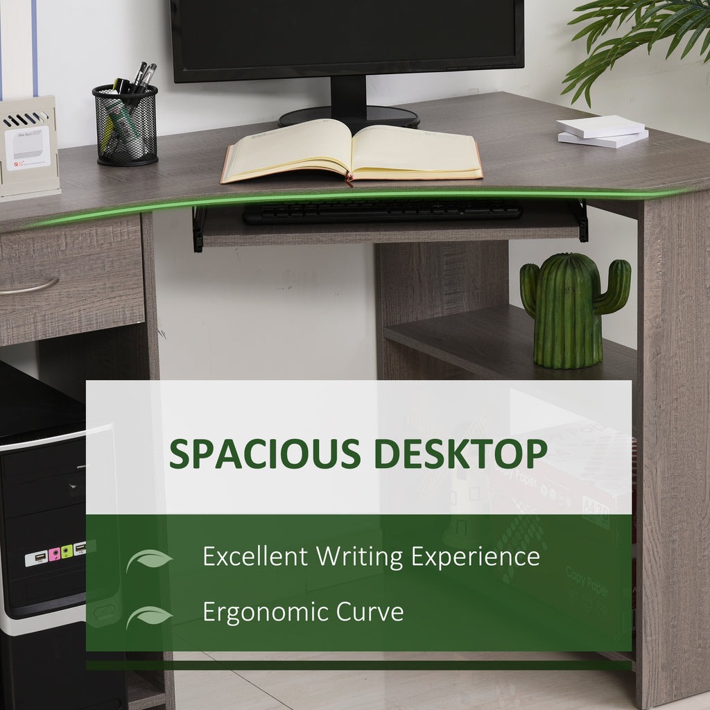 L-Shaped Corner Computer Desk W/ 2 Shelves Wide Worktop Keyboard Tray Drawer & CPU Stand Home Office Study Bedroom Furniture Grey