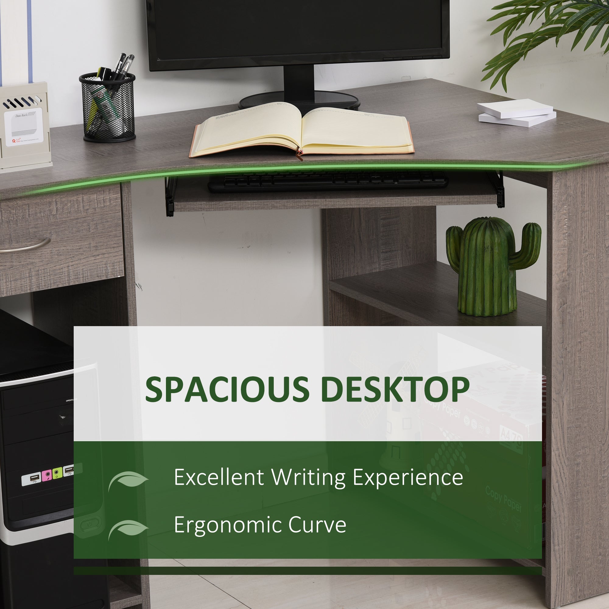 L-Shaped Corner Computer Desk W/ 2 Shelves Wide Worktop Keyboard Tray Drawer & CPU Stand Home Office Study Bedroom Furniture Grey