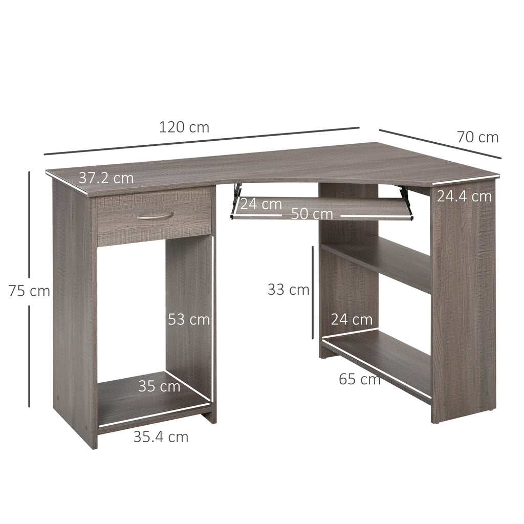 L-Shaped Corner Computer Desk W/ 2 Shelves Wide Worktop Keyboard Tray Drawer & CPU Stand Home Office Study Bedroom Furniture Grey