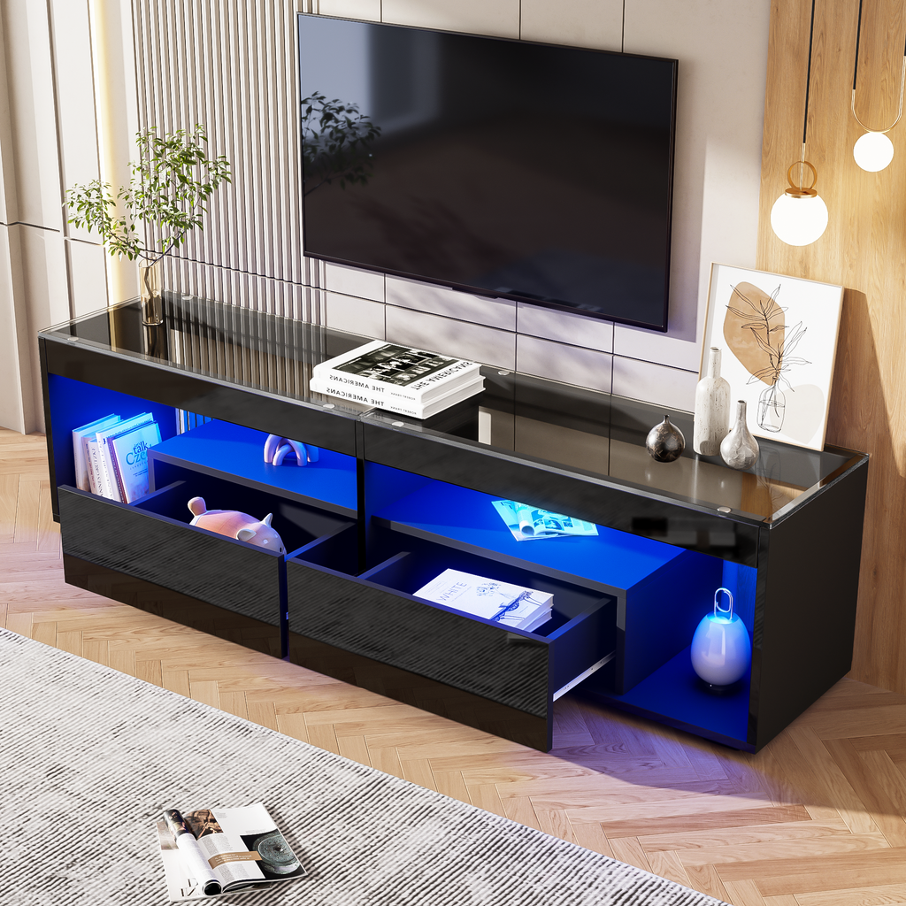 High Gloss TV Stand With 2 Drawers,glass Tabletop,TV Cabinet Storage Sideboard With LED Lights For Livingroom Bedroom,TV Entertainment Center With Open Storage, 180X40X46cm, Black, Holds TVs Up To 80