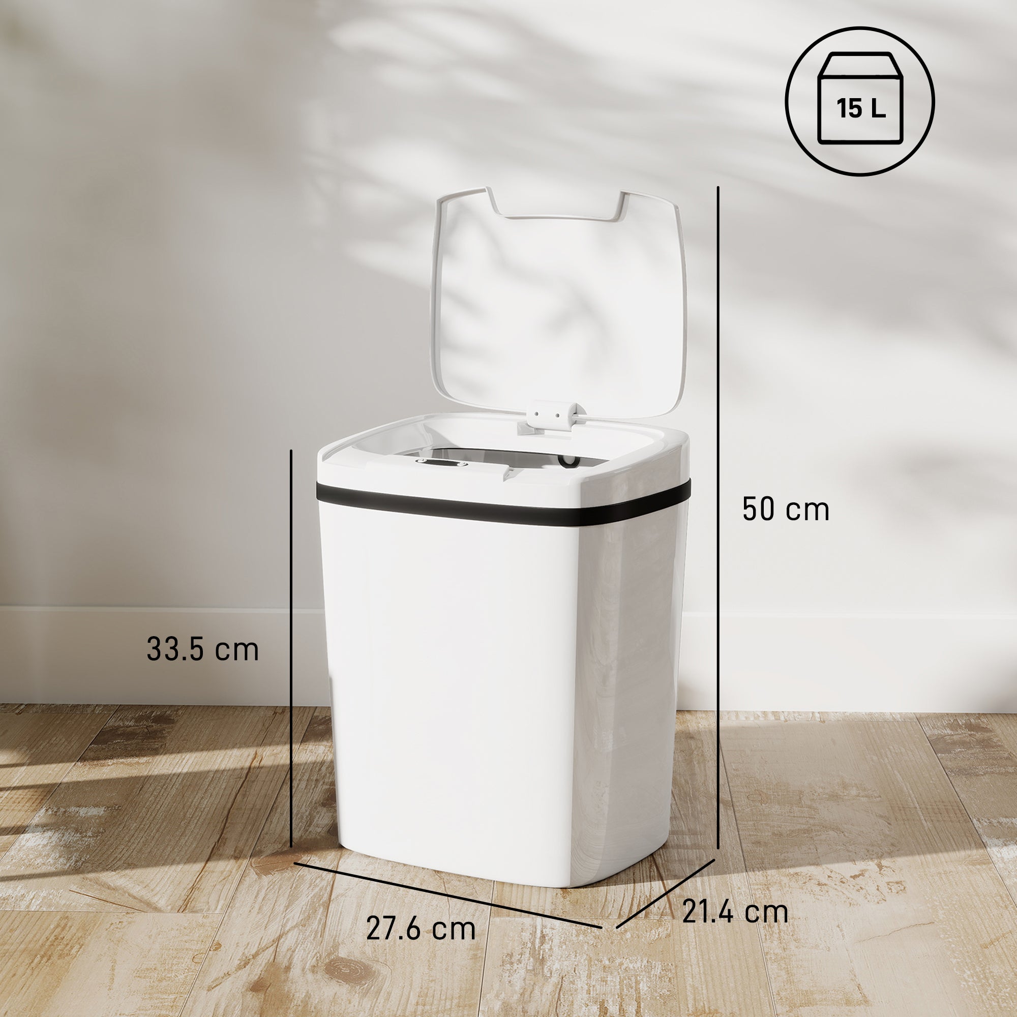 15L Sensor Bin, Automatic Touchless Kitchen Bin, Easy Clean, Battery Operated For Home Office, Bedroom, Bathroom, White