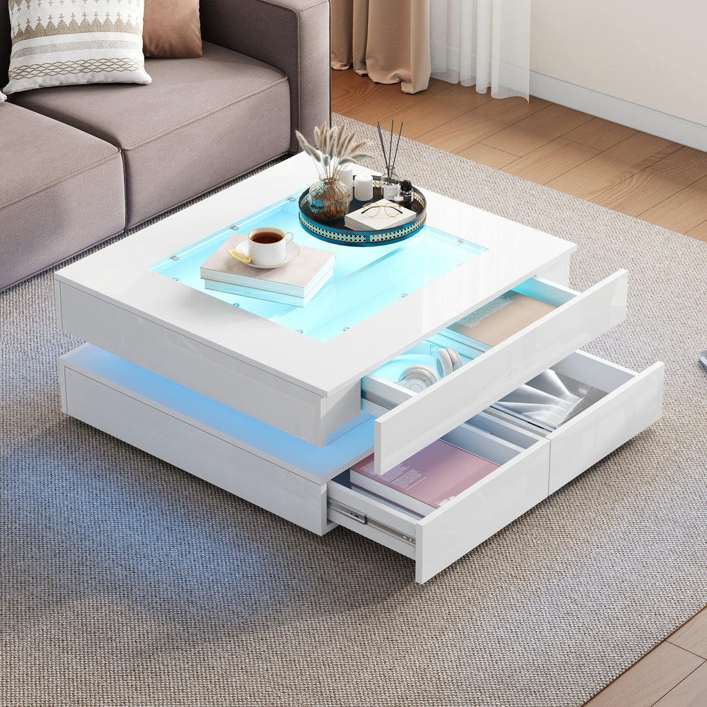 Highgloss Coffee Table With 3 Drawers, LED Lights, Square Centre Table With Glass Tabletop, Sofa Side Table , Tea Table For Living Room, Office, 70x70x35cm, White