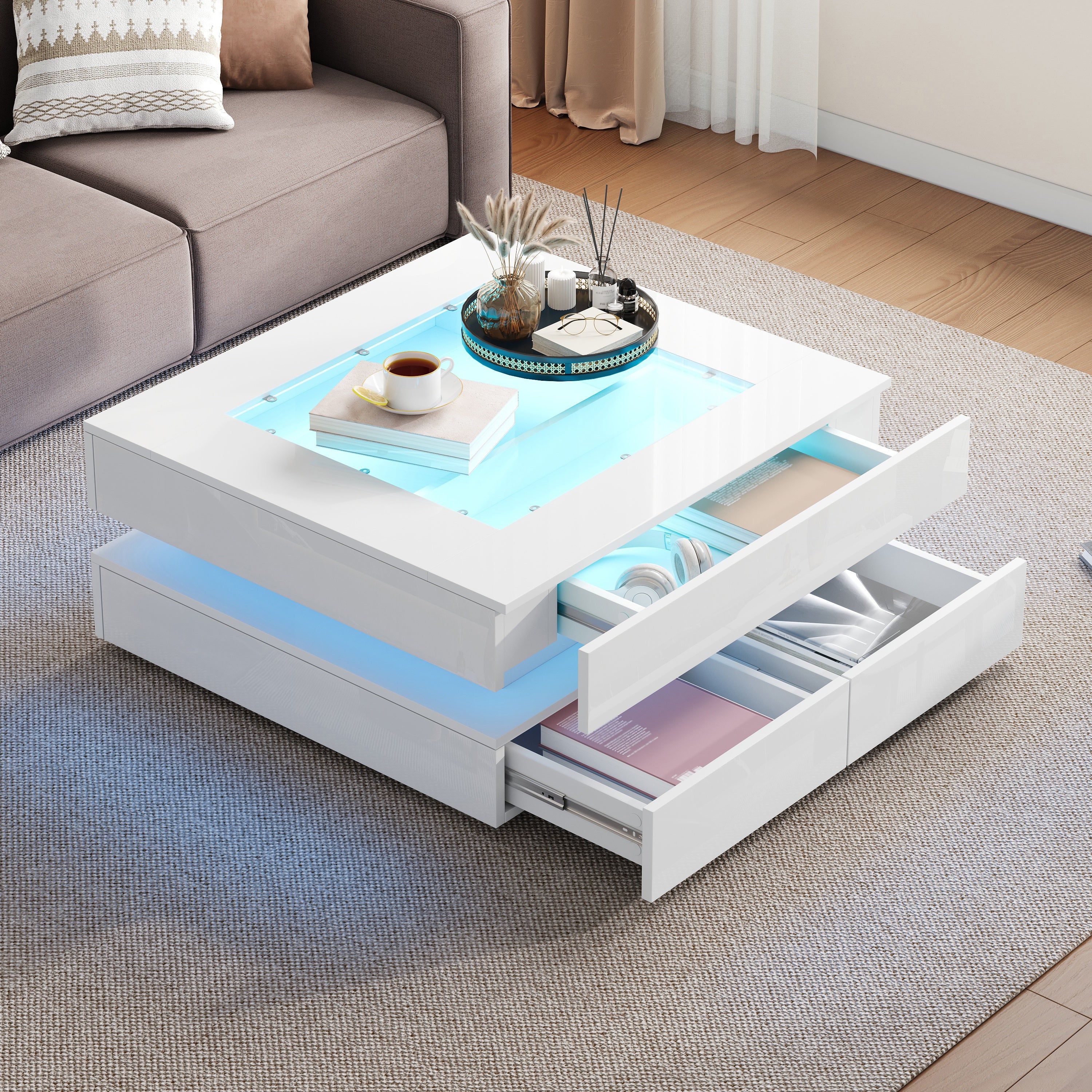 Highgloss Coffee Table With 3 Drawers, LED Lights, Square Centre Table With Glass Tabletop, Sofa Side Table , Tea Table For Living Room, Office, 70x70x35cm, White