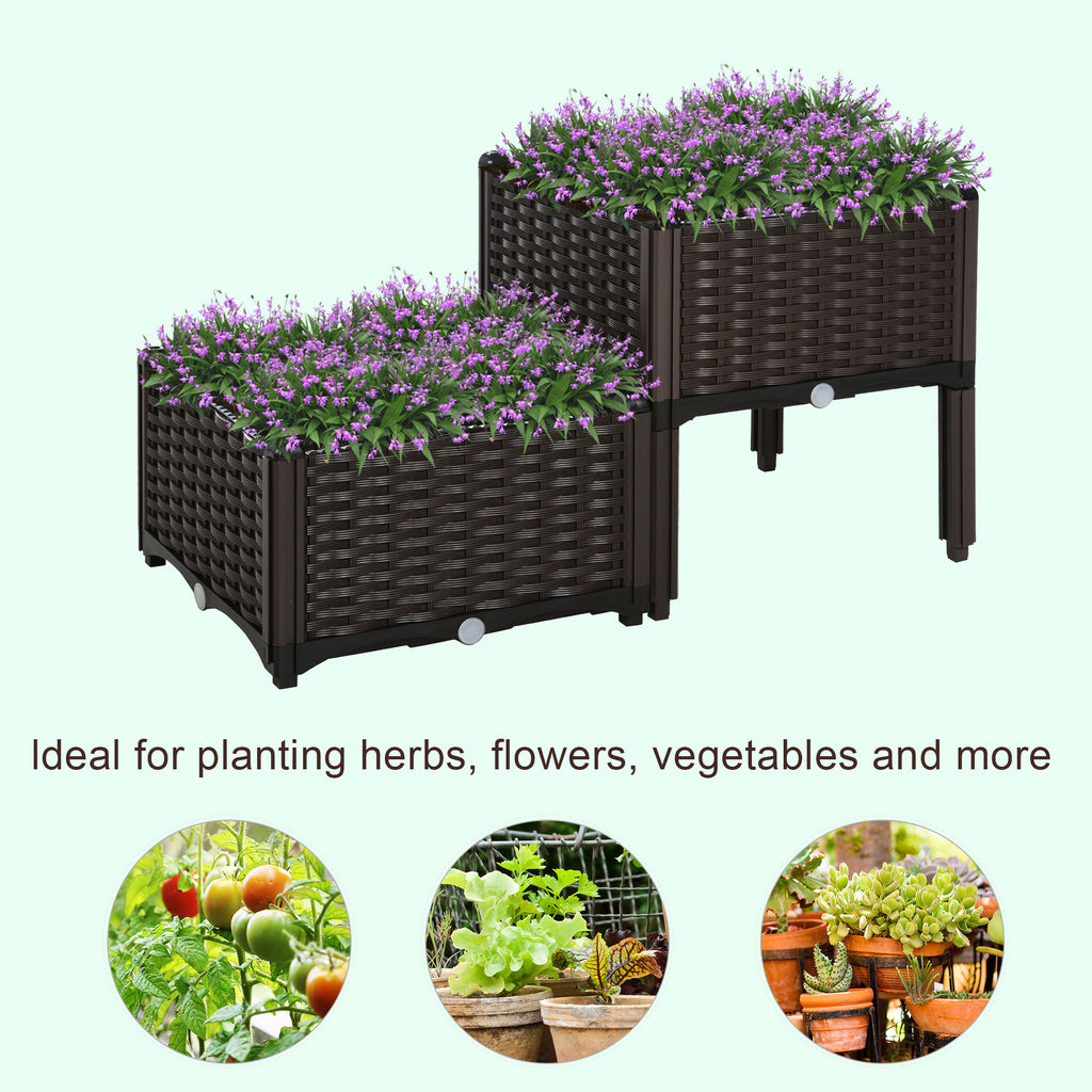 Set Of 2 26L Garden Raised Bed Elevated Patio Flower Plant Planter Box PP Vegetables Planting Container, Brown