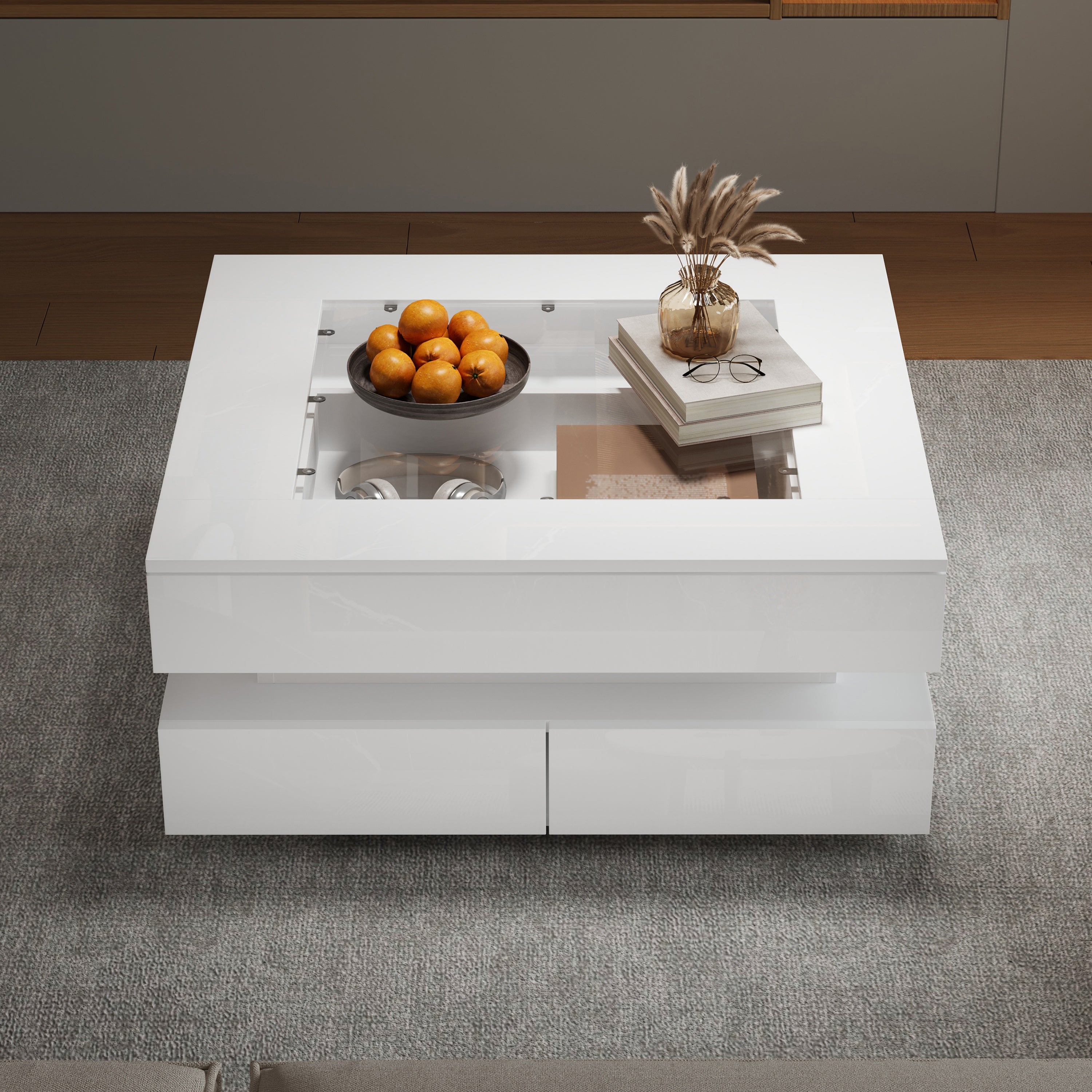 Highgloss Coffee Table With 3 Drawers, LED Lights, Square Centre Table With Glass Tabletop, Sofa Side Table , Tea Table For Living Room, Office, 70x70x35cm, White