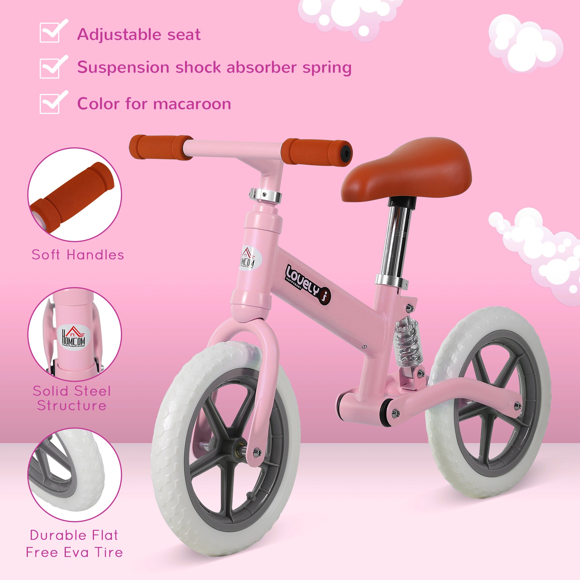 12" Kids Balance Bike No Pedal Bicycle EVA Tire Adjustable Seat Toddler Training Bike W/ Shock Absorber 2 - 5 Years Gift For Boys Girls Pink