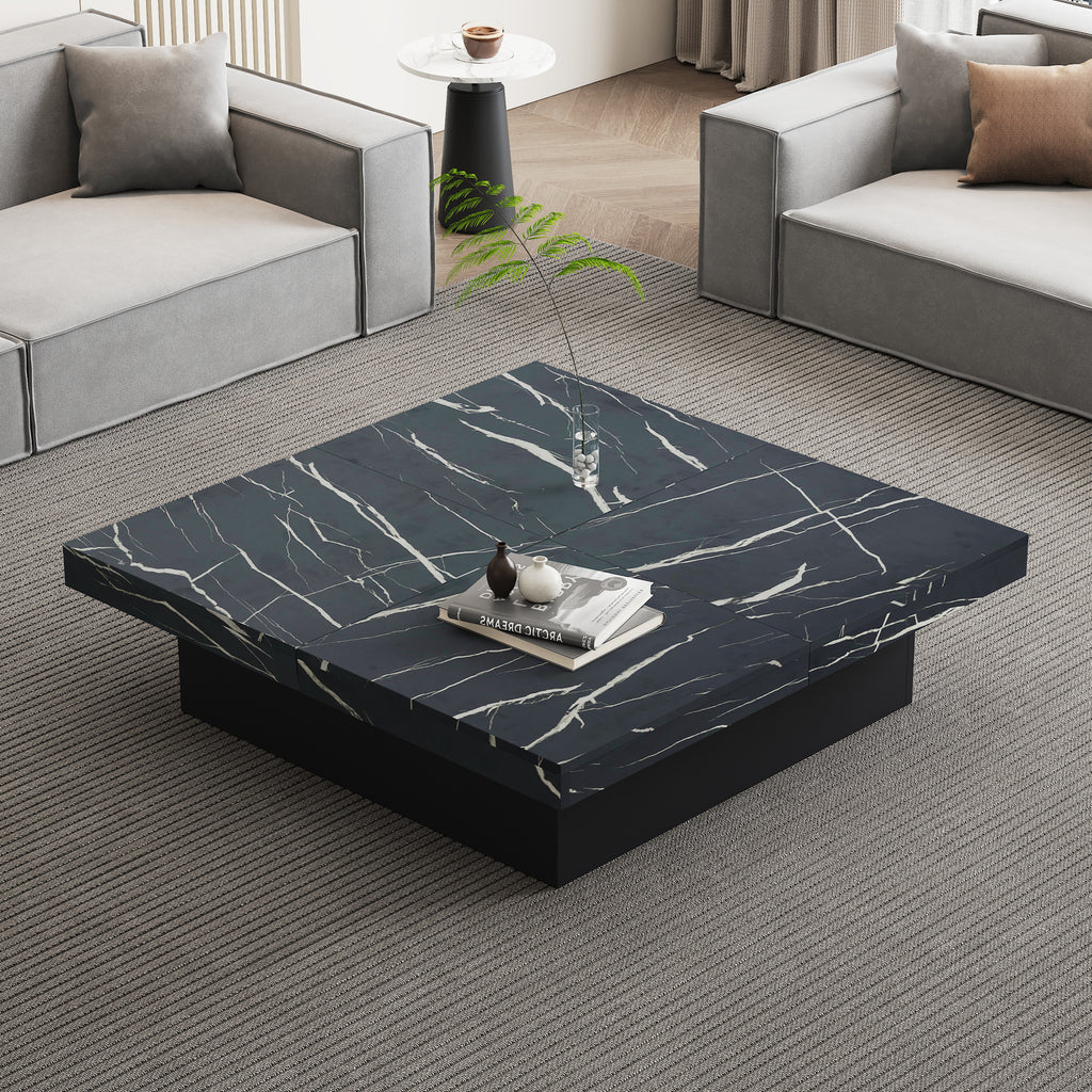 Modern Square Coffee Table With Marble Look, Centre Tea Table With 4 Sliding Drawers, Coffee End Table, 90 X 90 X 25 Cm, For Livingroom Office, Black