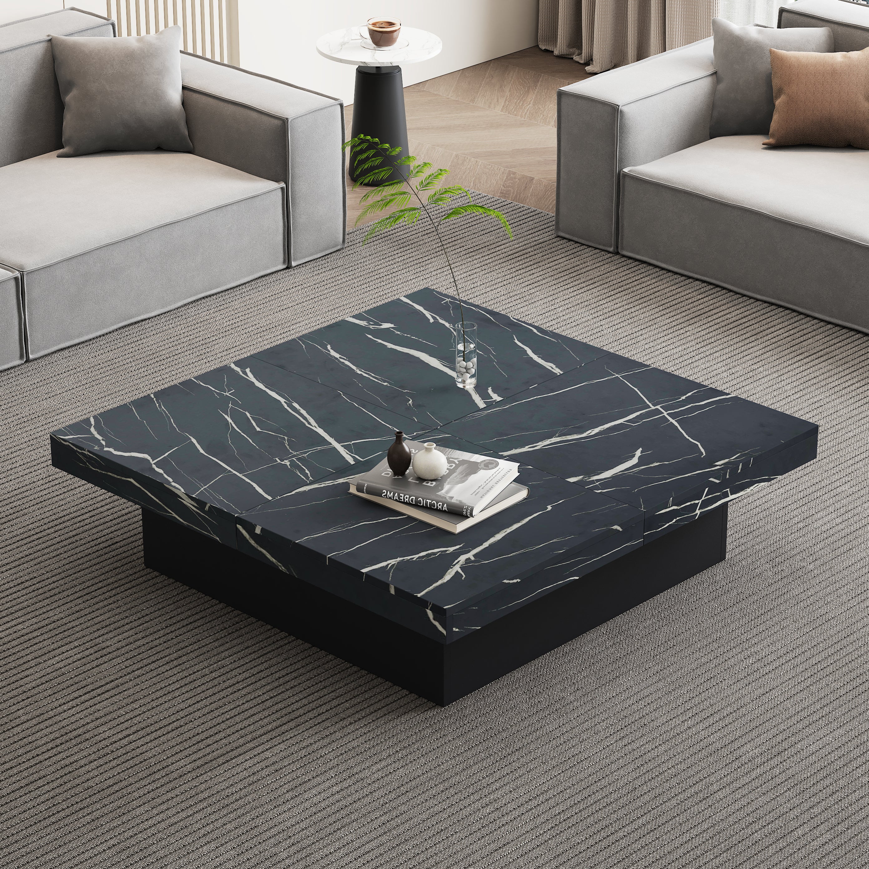 Modern Square Coffee Table With Marble Look, Centre Tea Table With 4 Sliding Drawers, Coffee End Table, 90 X 90 X 25 Cm, For Livingroom Office, Black