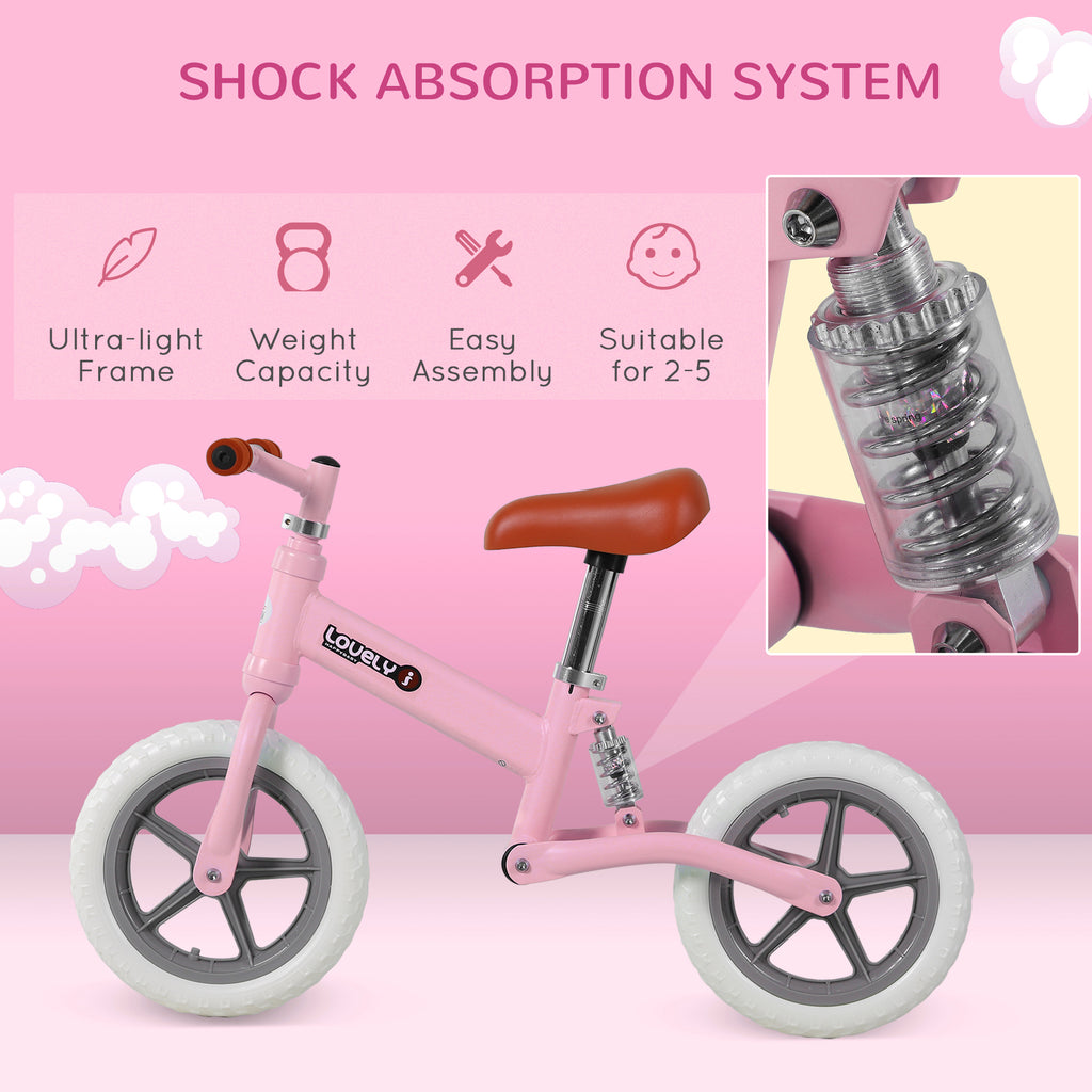 12" Kids Balance Bike No Pedal Bicycle EVA Tire Adjustable Seat Toddler Training Bike W/ Shock Absorber 2 - 5 Years Gift For Boys Girls Pink