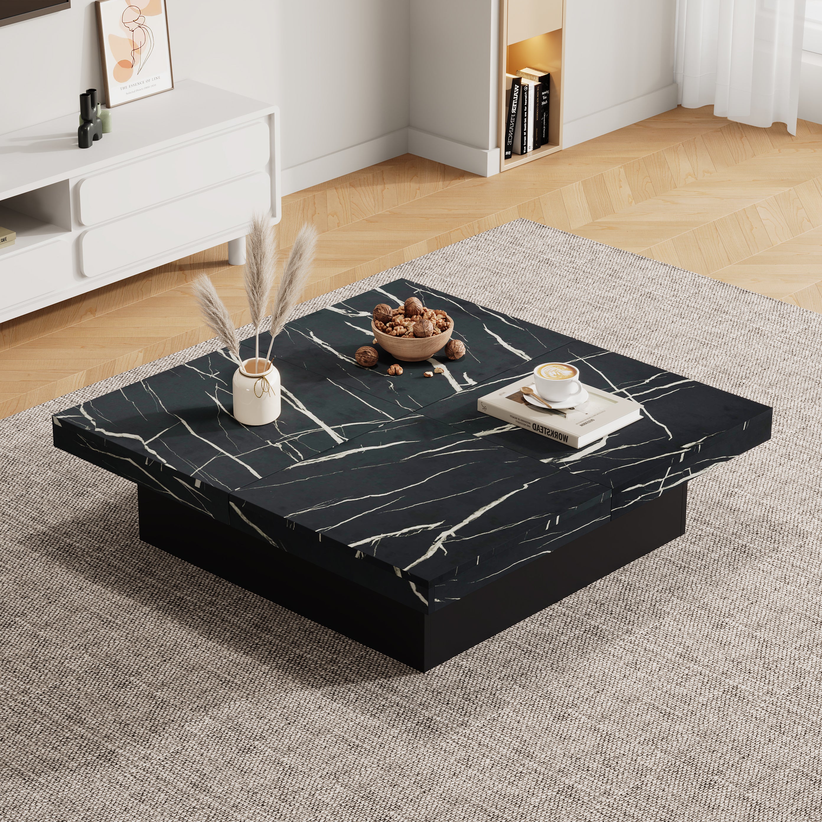 Modern Square Coffee Table With Marble Look, Centre Tea Table With 4 Sliding Drawers, Coffee End Table, 90 X 90 X 25 Cm, For Livingroom Office, Black
