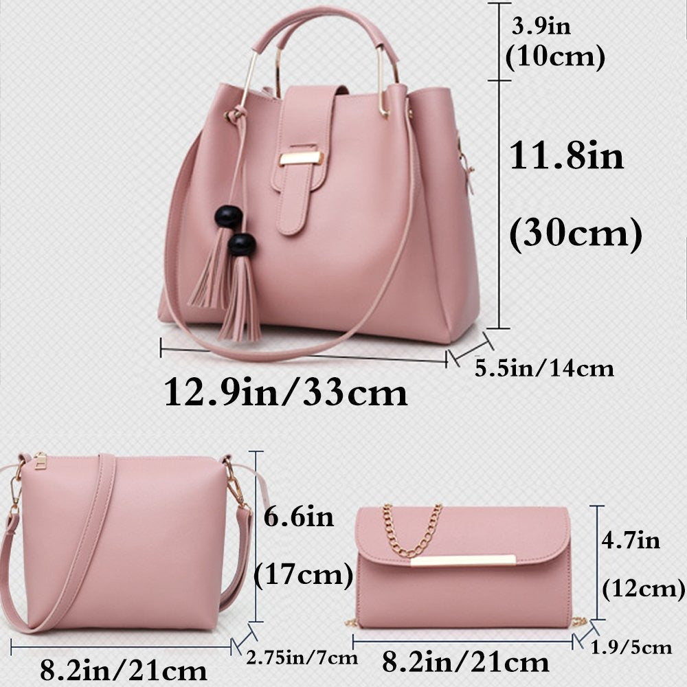 Womens Purse And Handbag 3Pcs Bag Set Tassel Tote Clutch Satchel Top Handle Shoulder Bag