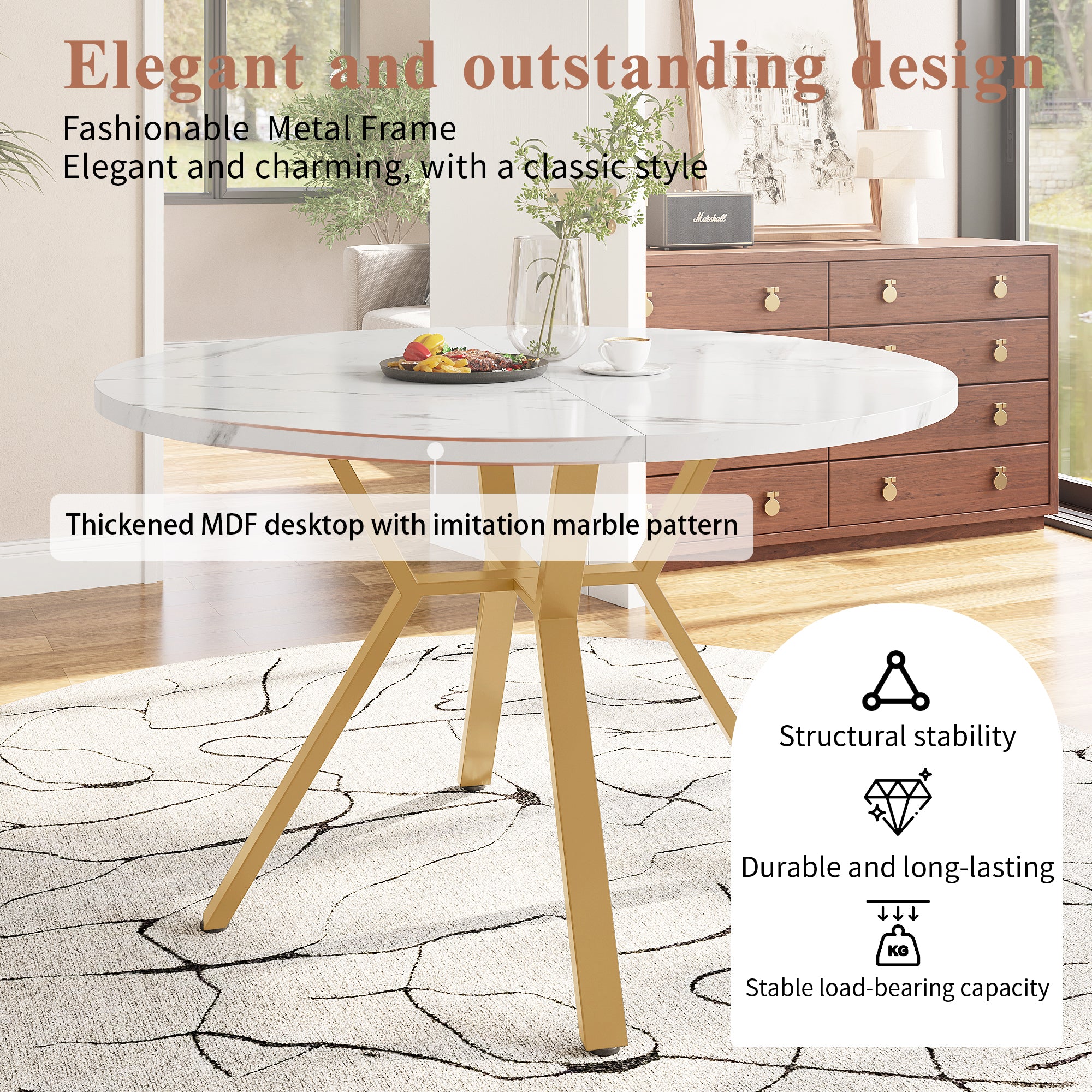 Modern And Sleek Round Marble Dining Table Diameter 1 M, X-shaped Coffee Table With Metal Support, Stable And Durable, A Must-have For Fashionable Homes