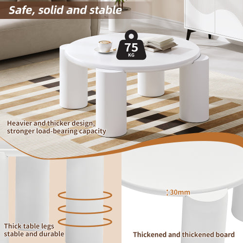 White Round Coffee Table,Wooden Painted Coffee Table,Tea Table, Cute Wooden Modern Center Table With 4 Legs For Bedroom Apartment, Living Room, Farmhouse