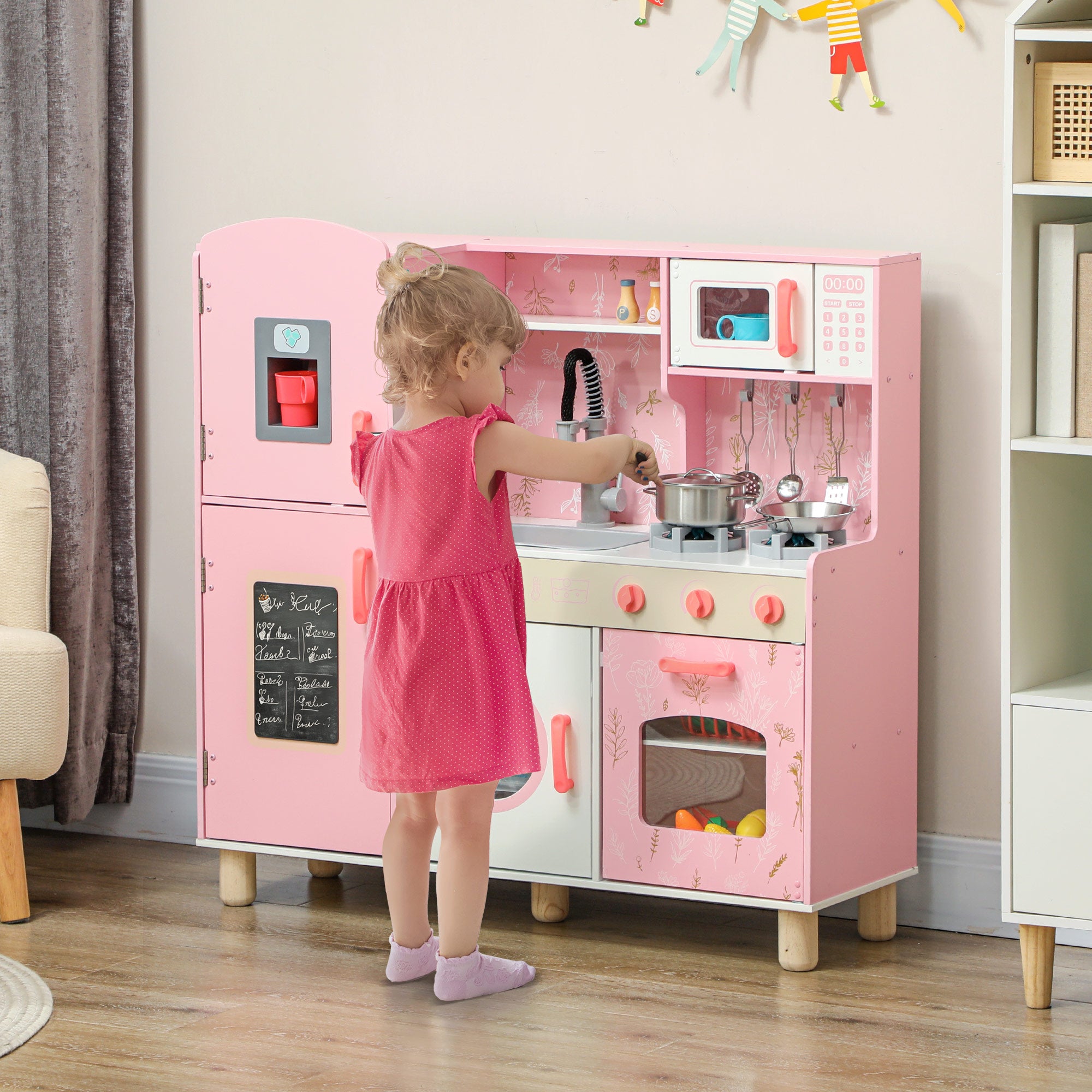 Play Kitchen, Kids Kitchen Set With Lights And Sounds, Double Stoves, Ice Maker, Chalkboard For 3+ Years, Pink
