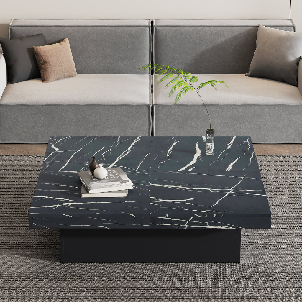 Modern Square Coffee Table With Marble Look, Centre Tea Table With 4 Sliding Drawers, Coffee End Table, 90 X 90 X 25 Cm, For Livingroom Office, Black
