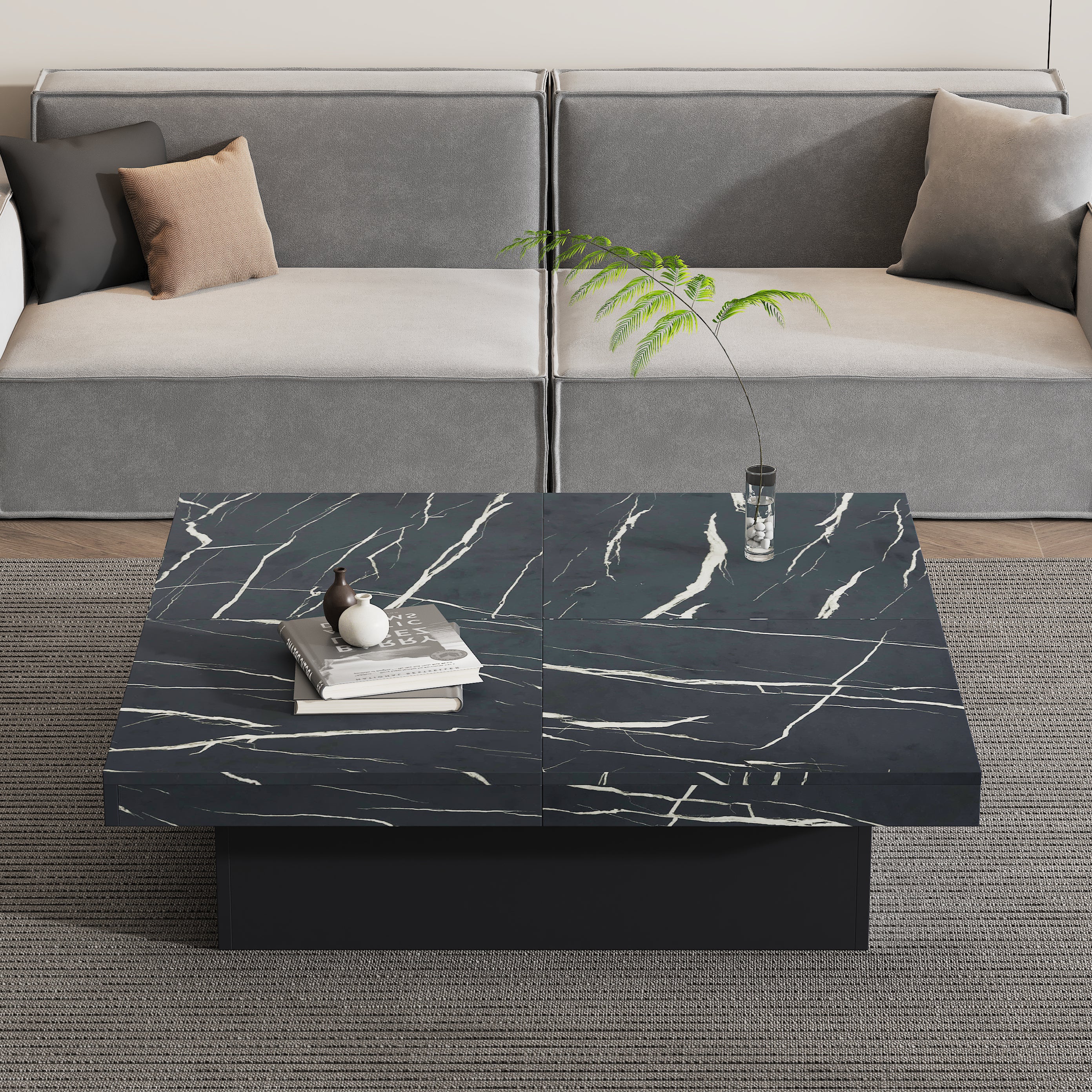 Modern Square Coffee Table With Marble Look, Centre Tea Table With 4 Sliding Drawers, Coffee End Table, 90 X 90 X 25 Cm, For Livingroom Office, Black
