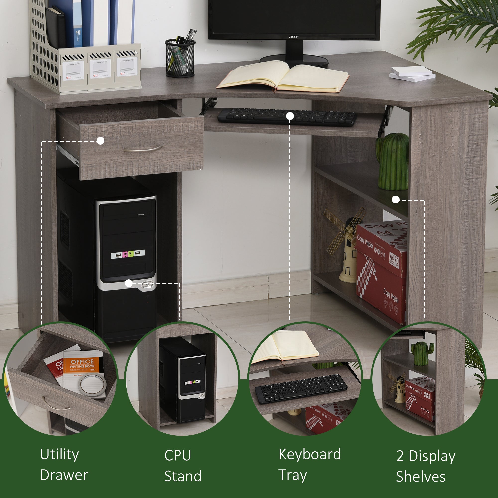 L-Shaped Corner Computer Desk W/ 2 Shelves Wide Worktop Keyboard Tray Drawer & CPU Stand Home Office Study Bedroom Furniture Grey