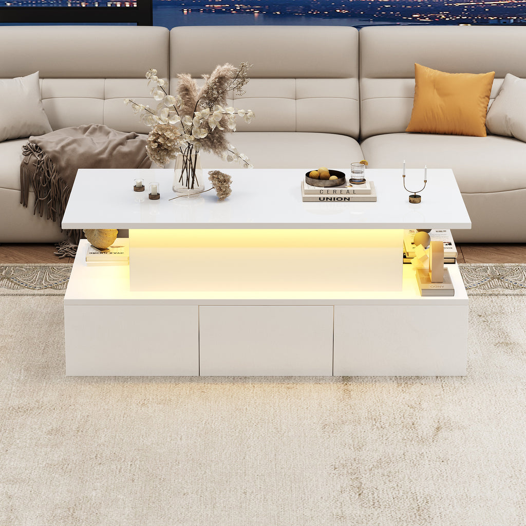 Lift-Top Coffee Table, Highgloss Centre Table With 4 Drawers & LED Lights, Lifting Sofa Side Table, Space-saving End Table,Tea Table,for Livingroom, Office,100x50x40cm, White