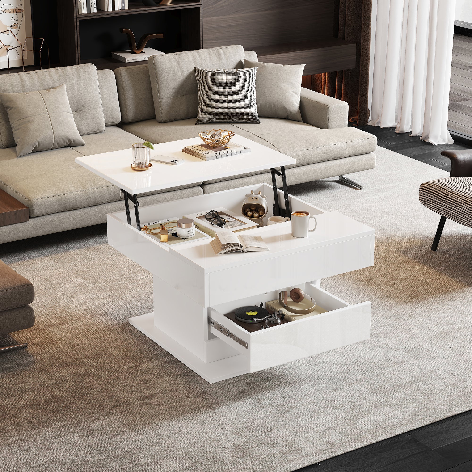 360 Rotating Coffee Table, Highgloss Lift-Top Centre Table With 1 Drawers, Rotating Lifting Sofa Side Table, Space-saving End Table,Tea Table,70x70x45cm, White