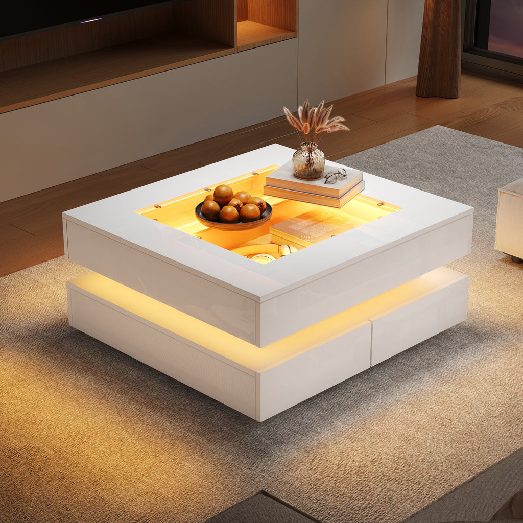 Highgloss Coffee Table With 3 Drawers, LED Lights, Square Centre Table With Glass Tabletop, Sofa Side Table , Tea Table For Living Room, Office, 70x70x35cm, White