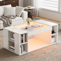 High Gloss Coffee Table With Open Storage, LED Lights, Centre Table With Glass Tabletop, Sofa Side Table, Coffee End Table For Living Room, Office, 100x50x40cm, White, MDF