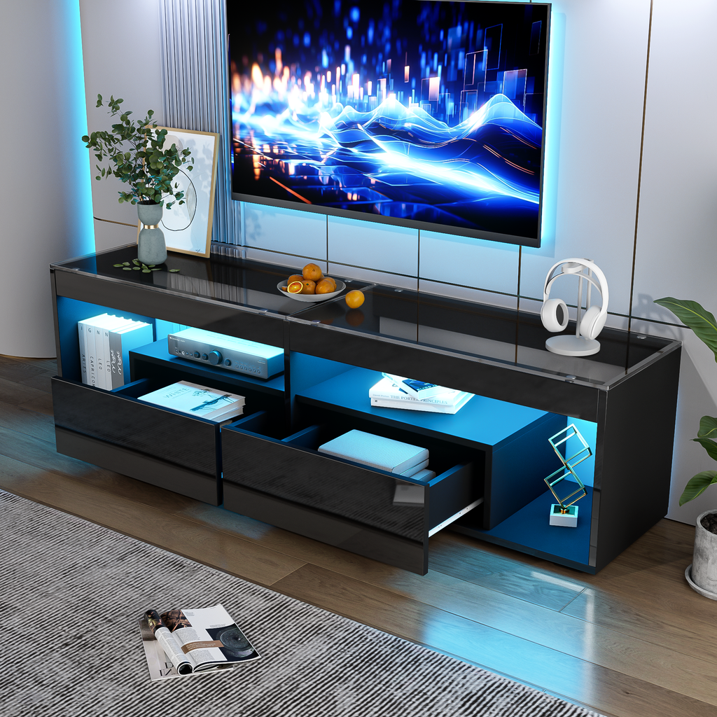 High Gloss TV Stand With 2 Drawers,glass Tabletop,TV Cabinet Storage Sideboard With LED Lights For Livingroom Bedroom,TV Entertainment Center With Open Storage, 180X40X46cm, Black, Holds TVs Up To 80