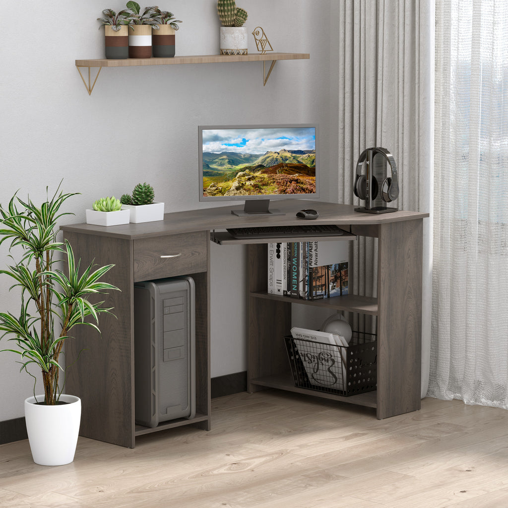 L-Shaped Corner Computer Desk W/ 2 Shelves Wide Worktop Keyboard Tray Drawer & CPU Stand Home Office Study Bedroom Furniture Grey