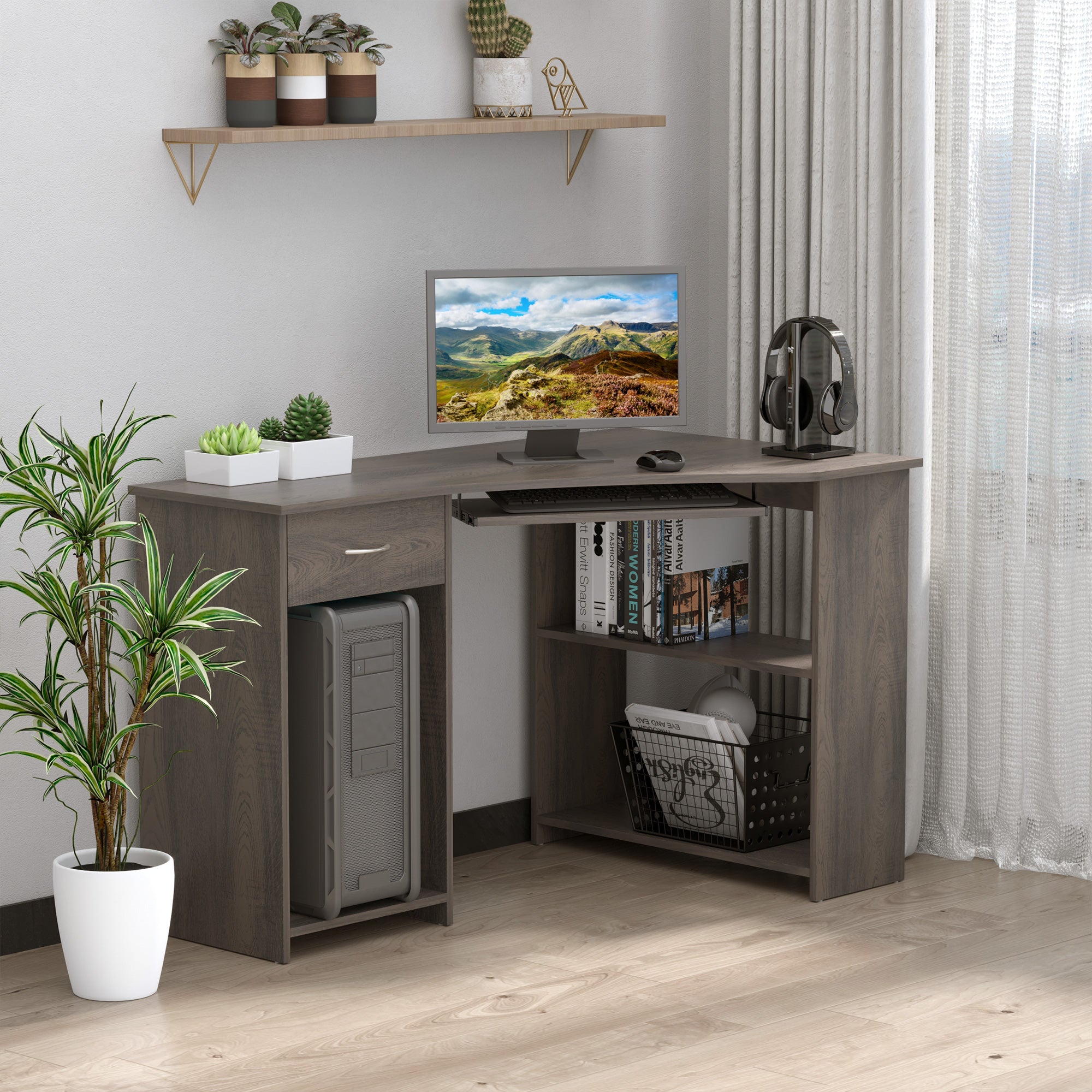 L-Shaped Corner Computer Desk W/ 2 Shelves Wide Worktop Keyboard Tray Drawer & CPU Stand Home Office Study Bedroom Furniture Grey