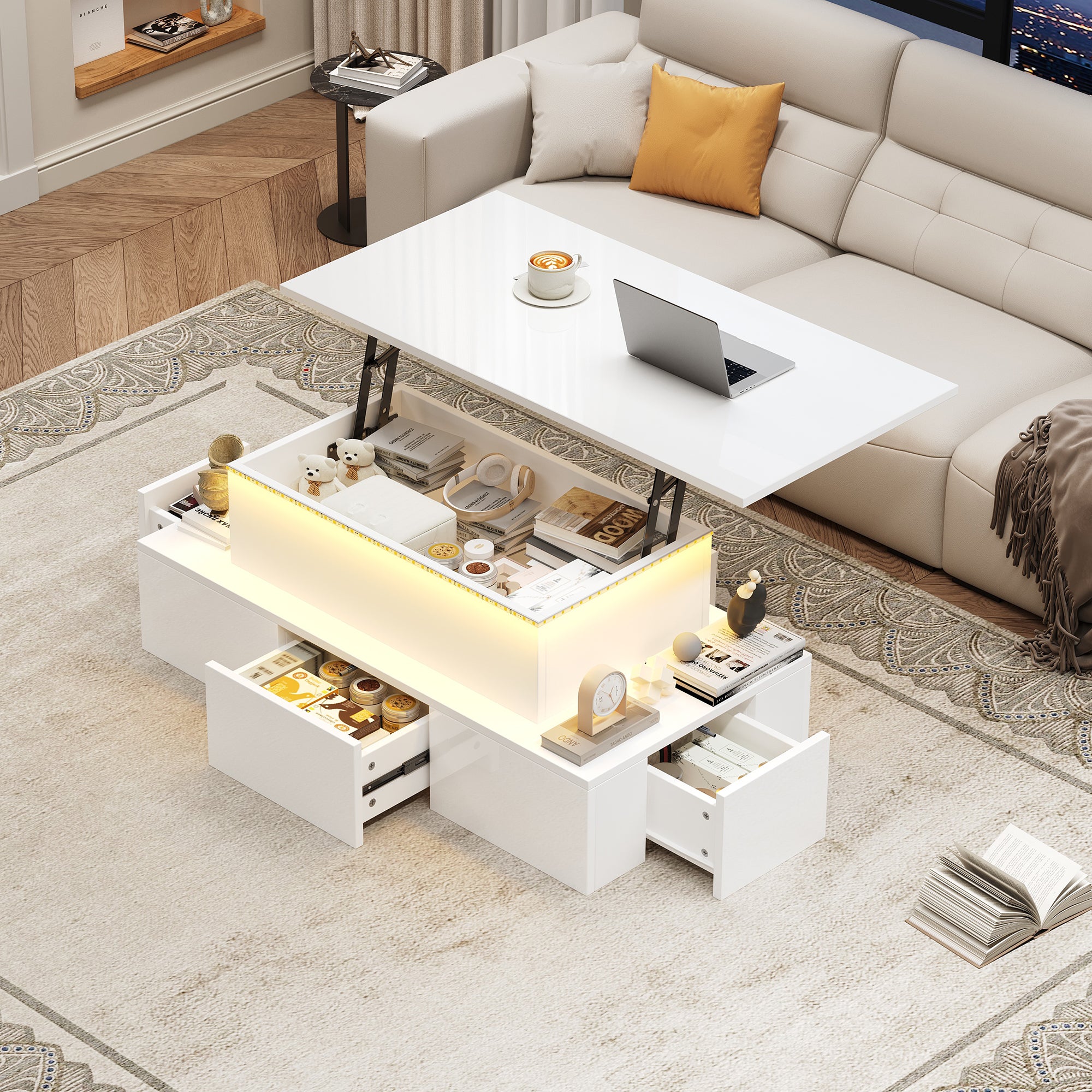 Lift-Top Coffee Table, Highgloss Centre Table With 4 Drawers & LED Lights, Lifting Sofa Side Table, Space-saving End Table,Tea Table,for Livingroom, Office,100x50x40cm, White
