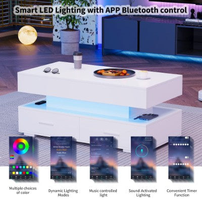 Hydraulic Lift Top Coffee Table, LED Coffee Tables With Storage For Living Room, Coffee Table With 2 Drawers & LED Light For Dining Reception Room, White