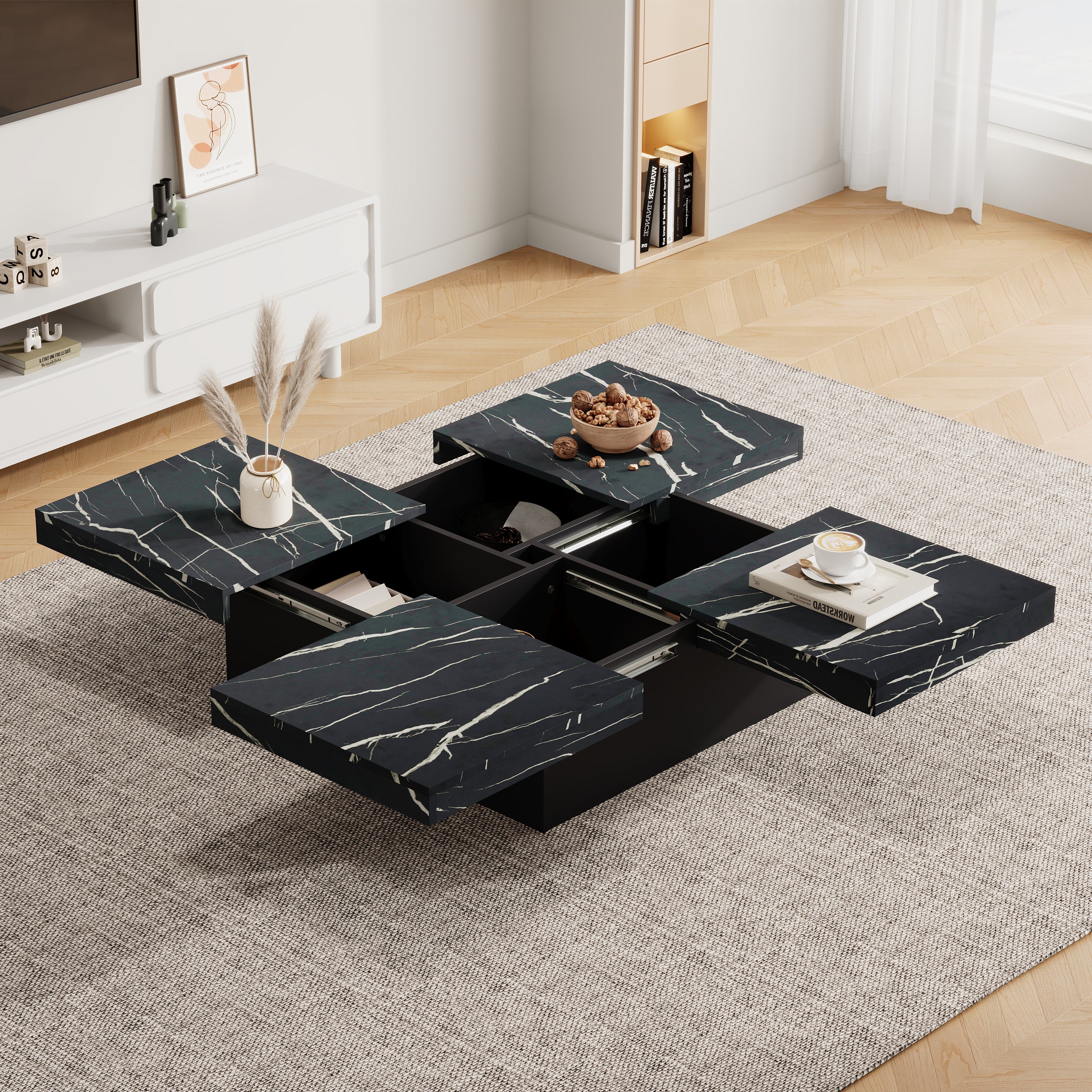 Modern Square Coffee Table With Marble Look, Centre Tea Table With 4 Sliding Drawers, Coffee End Table, 90 X 90 X 25 Cm, For Livingroom Office, Black