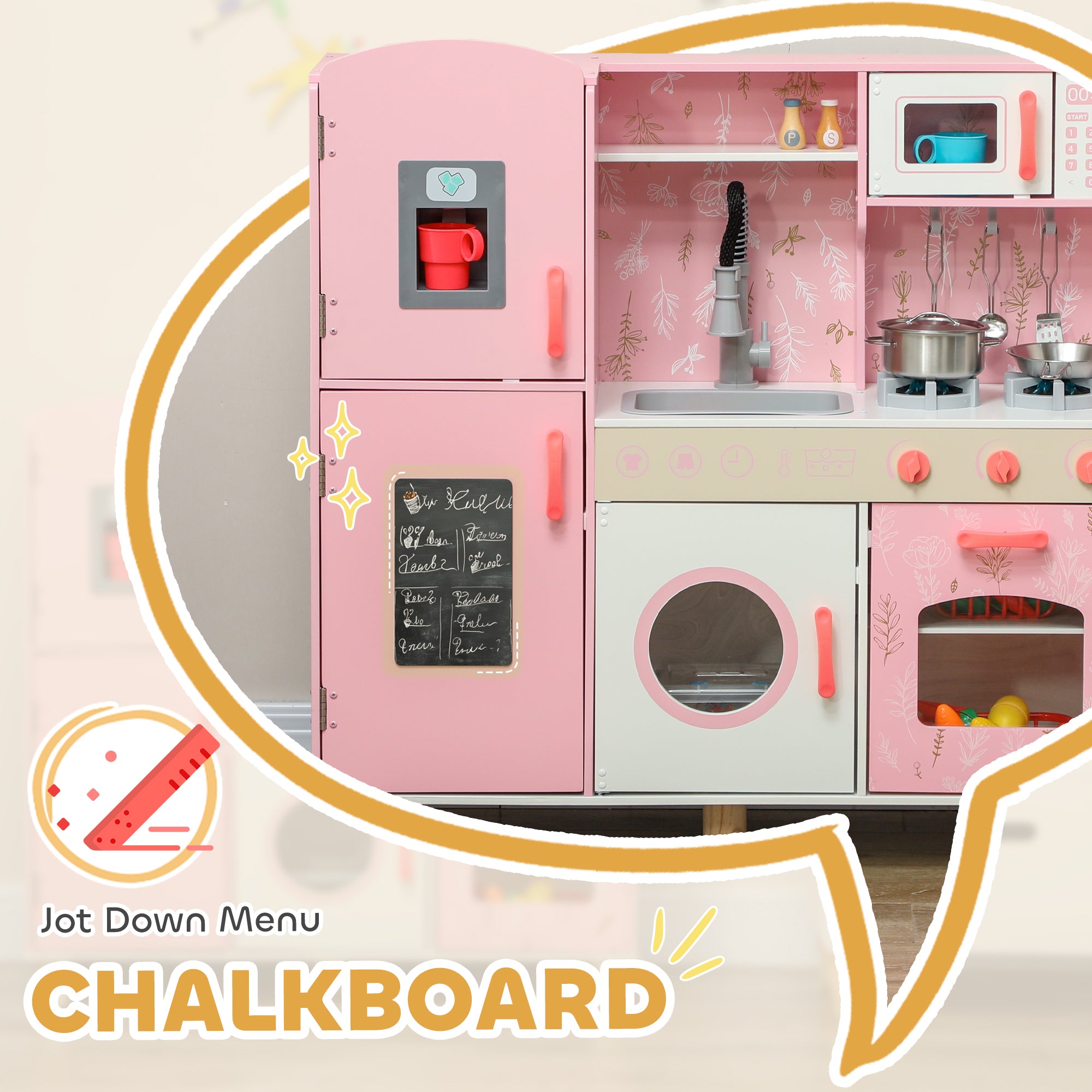 Play Kitchen, Kids Kitchen Set With Lights And Sounds, Double Stoves, Ice Maker, Chalkboard For 3+ Years, Pink