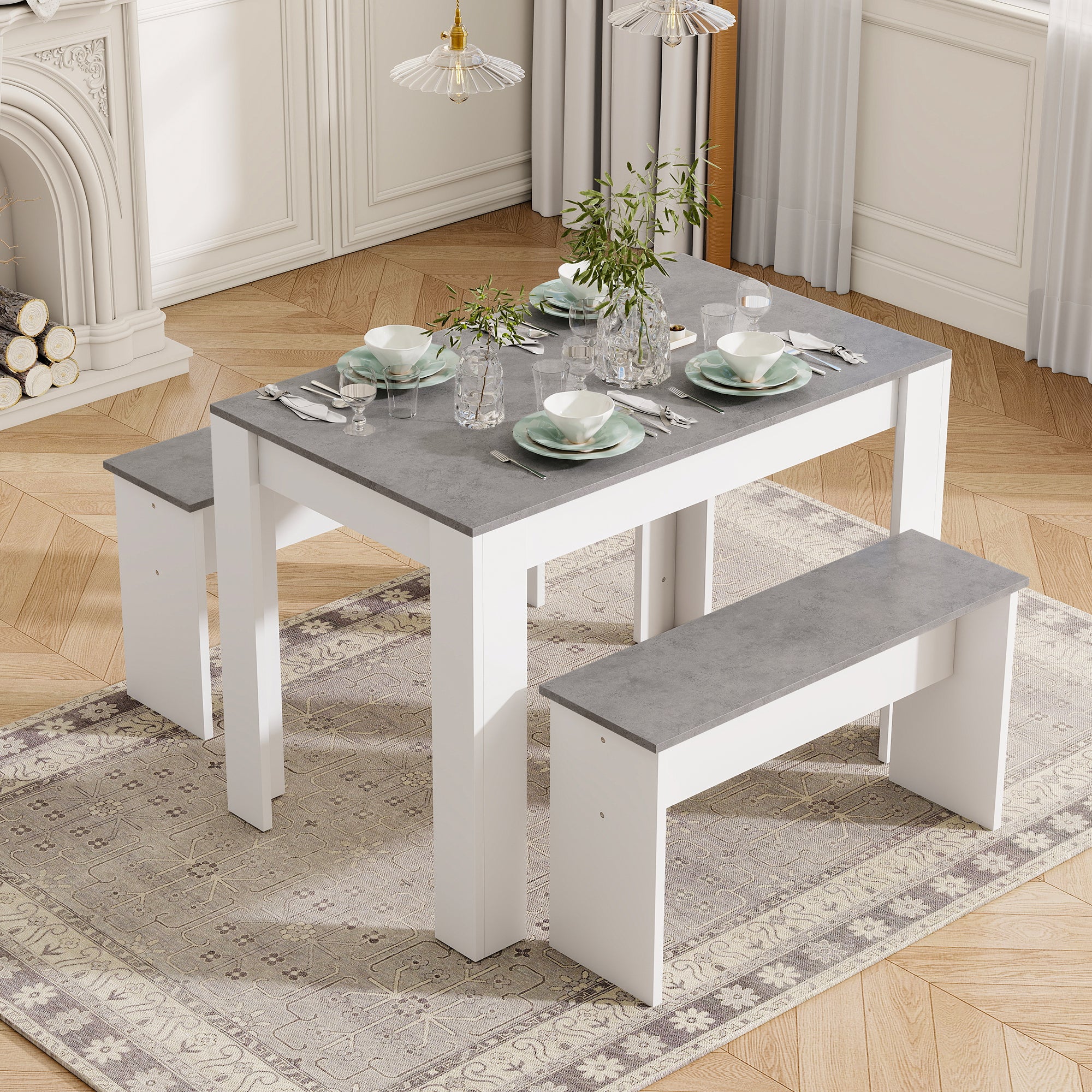 Dining Table With 2 Benches Dining Table Set For Kitchen, Dining Room, Small Space Artificial Marble Grey And White