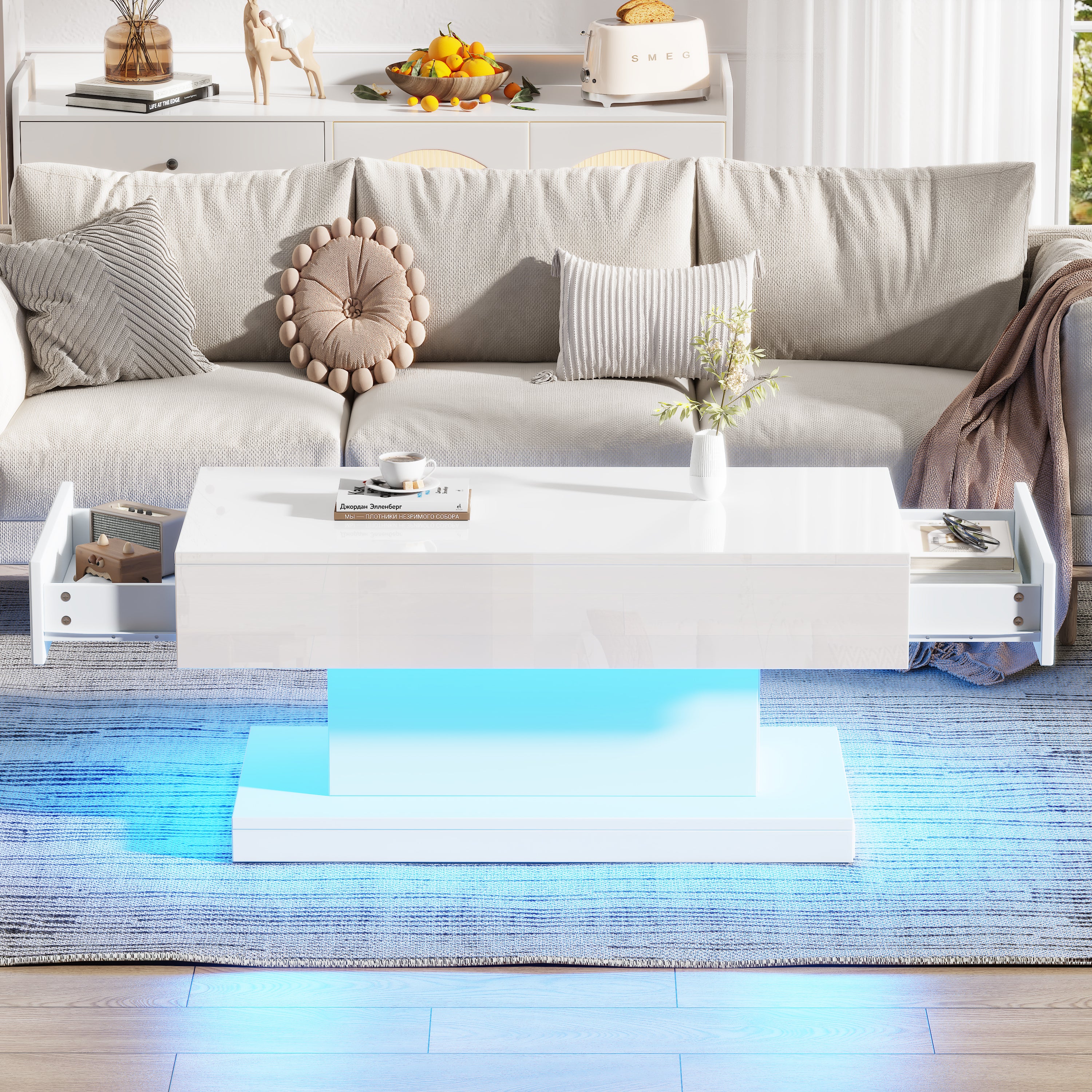High-gloss Coffee Table With 2 Drawers, LED Lights, Modern Centre Table, Sofa Side Table, Tea Table For Living Room, Office, 100x50x45cm, White