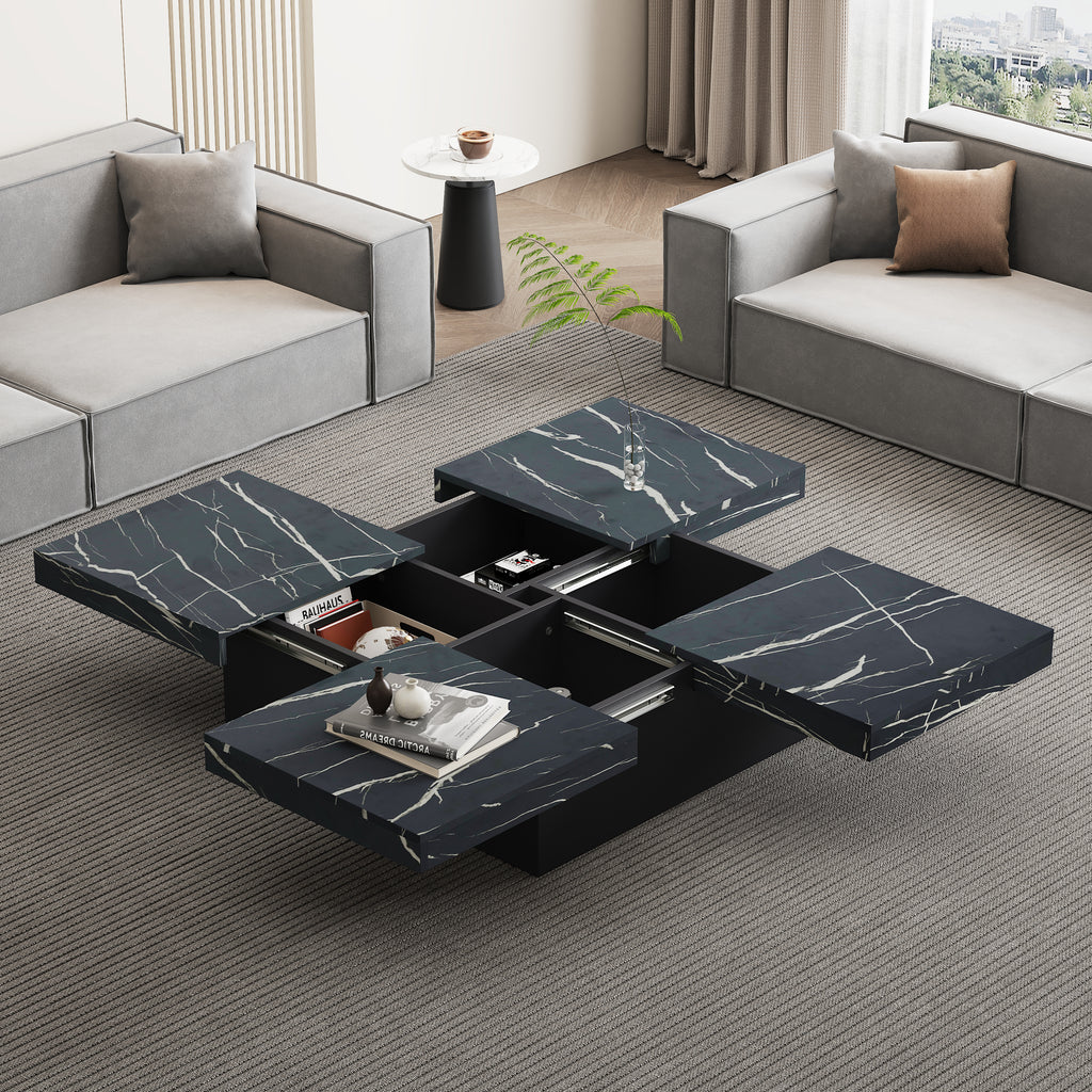 Modern Square Coffee Table With Marble Look, Centre Tea Table With 4 Sliding Drawers, Coffee End Table, 90 X 90 X 25 Cm, For Livingroom Office, Black