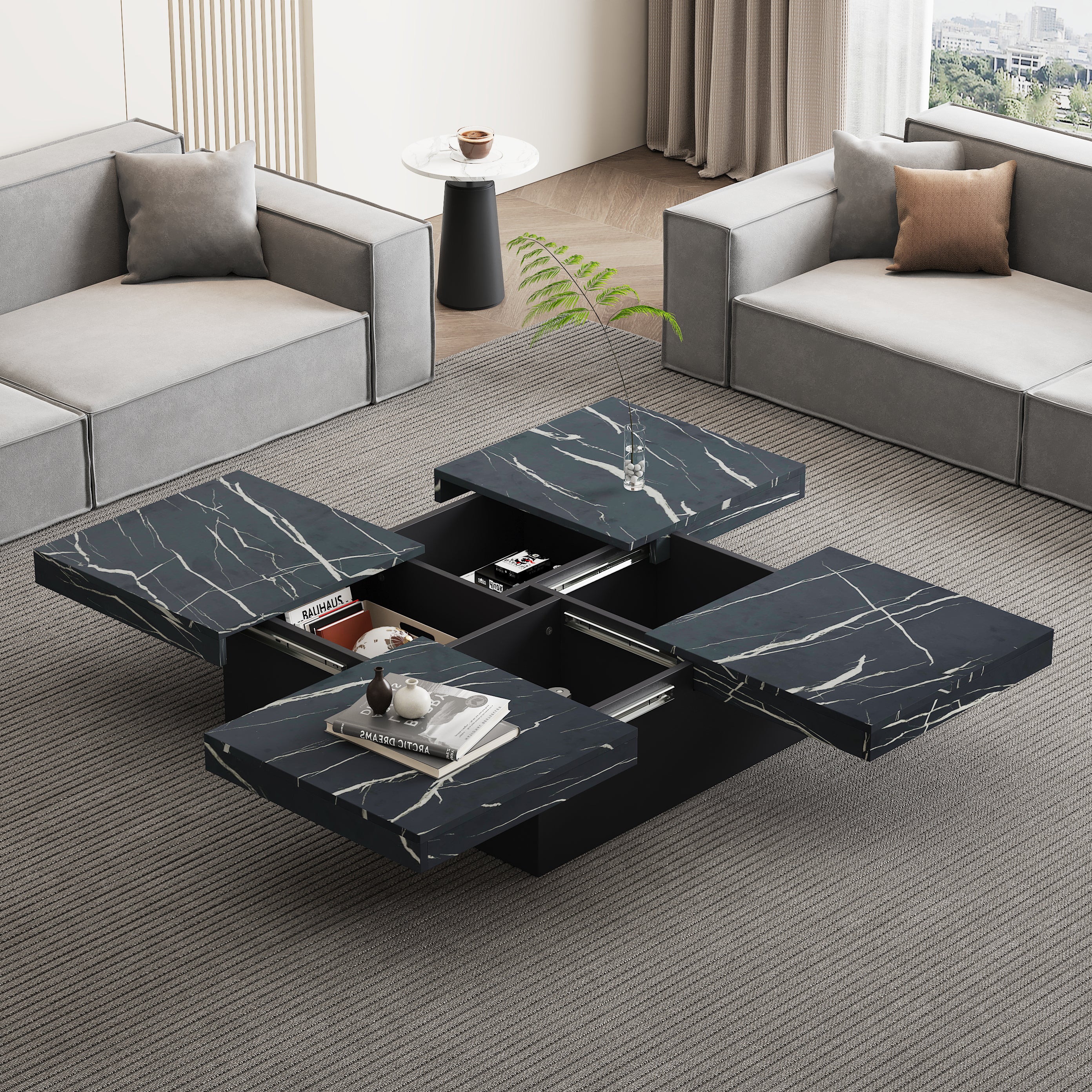 Modern Square Coffee Table With Marble Look, Centre Tea Table With 4 Sliding Drawers, Coffee End Table, 90 X 90 X 25 Cm, For Livingroom Office, Black