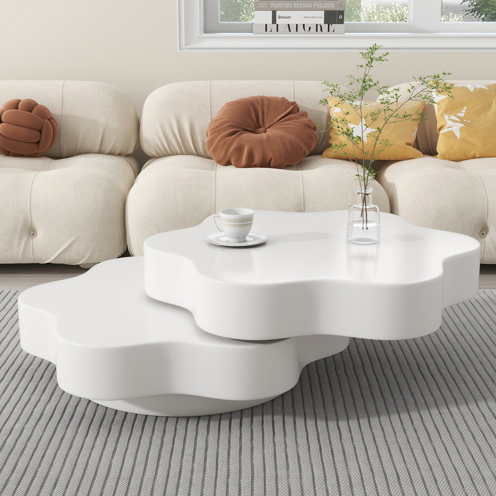Flower-shaped Coffee Table, 360 Rotating Tabletop, Rotating End Table, Double-layer Sofa Sidetable, 2 Shelves,  Load Capacity 30kg, 74.8x67.5x31cm, MDF, Cream White