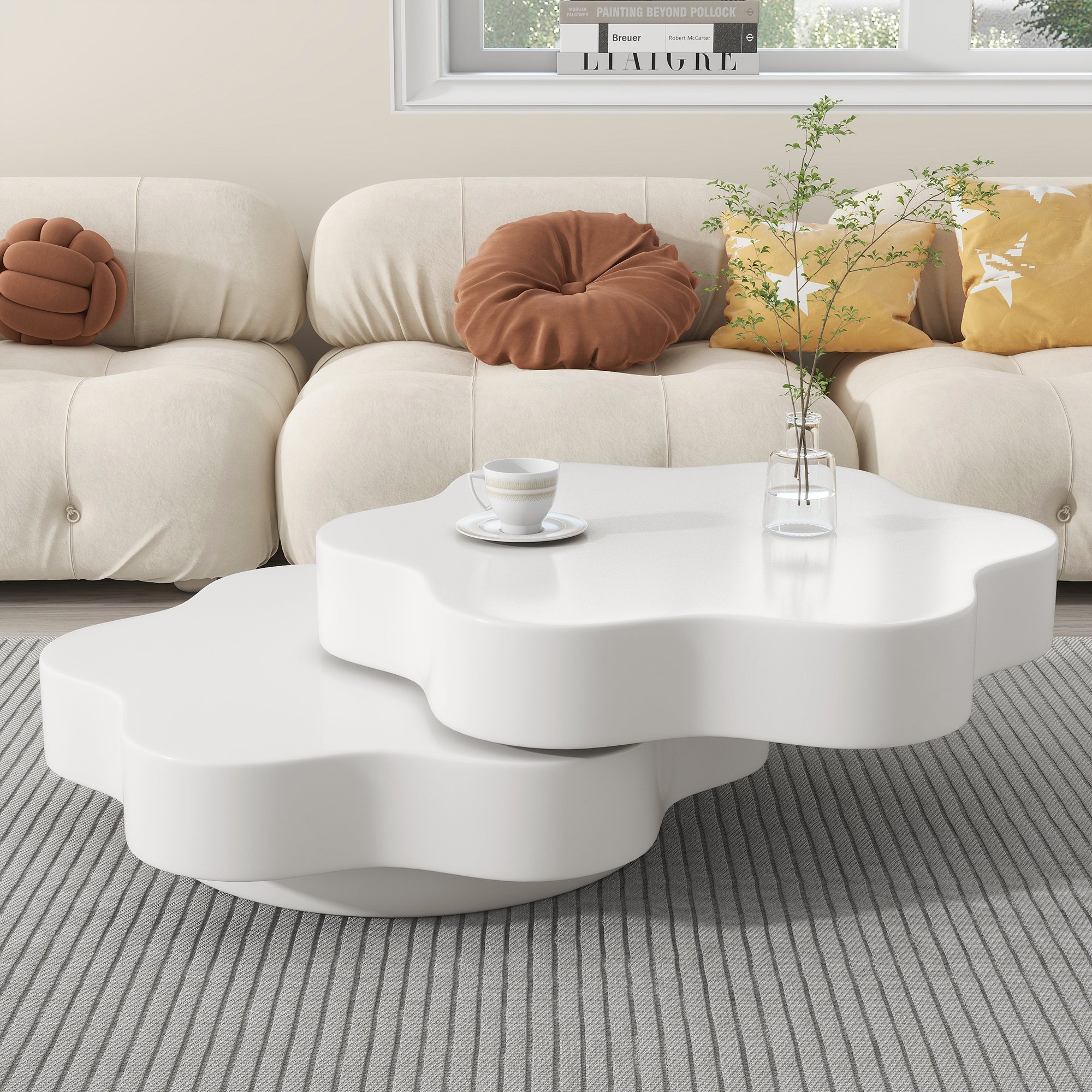 Flower-shaped Coffee Table, 360 Rotating Tabletop, Rotating End Table, Double-layer Sofa Sidetable, 2 Shelves,  Load Capacity 30kg, 74.8x67.5x31cm, MDF, Cream White