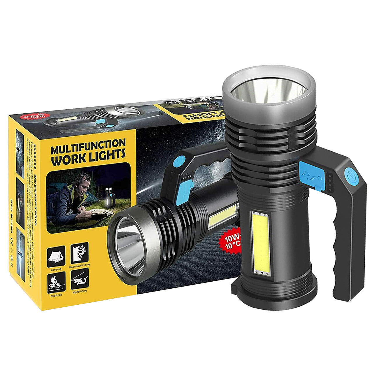 LED Flashlight USB Rechargeable Torch COB Spotlight Camping Light High Lumens Emergency Lamp 3 Modes Waterproof